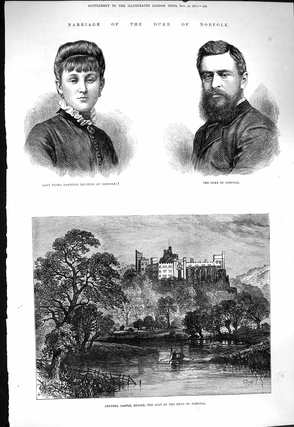 Old Antique Print 1877 Duke Norfolk Flora Hastings Arundel Castle Sussex 19th