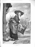 Original Old Antique Print 1877 Fine Art Lady Umbrella Rainy Weather Edwards