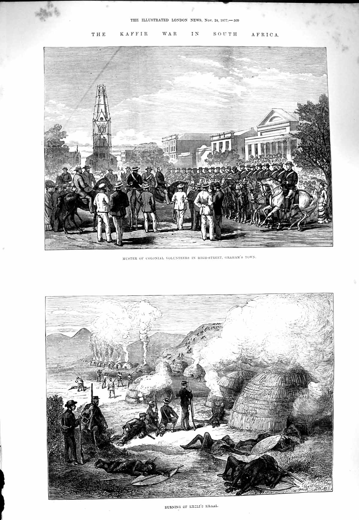 Old Antique Print 1877 Kaffir War Africa Graham'S Town Kreli Kraal Fire 19th