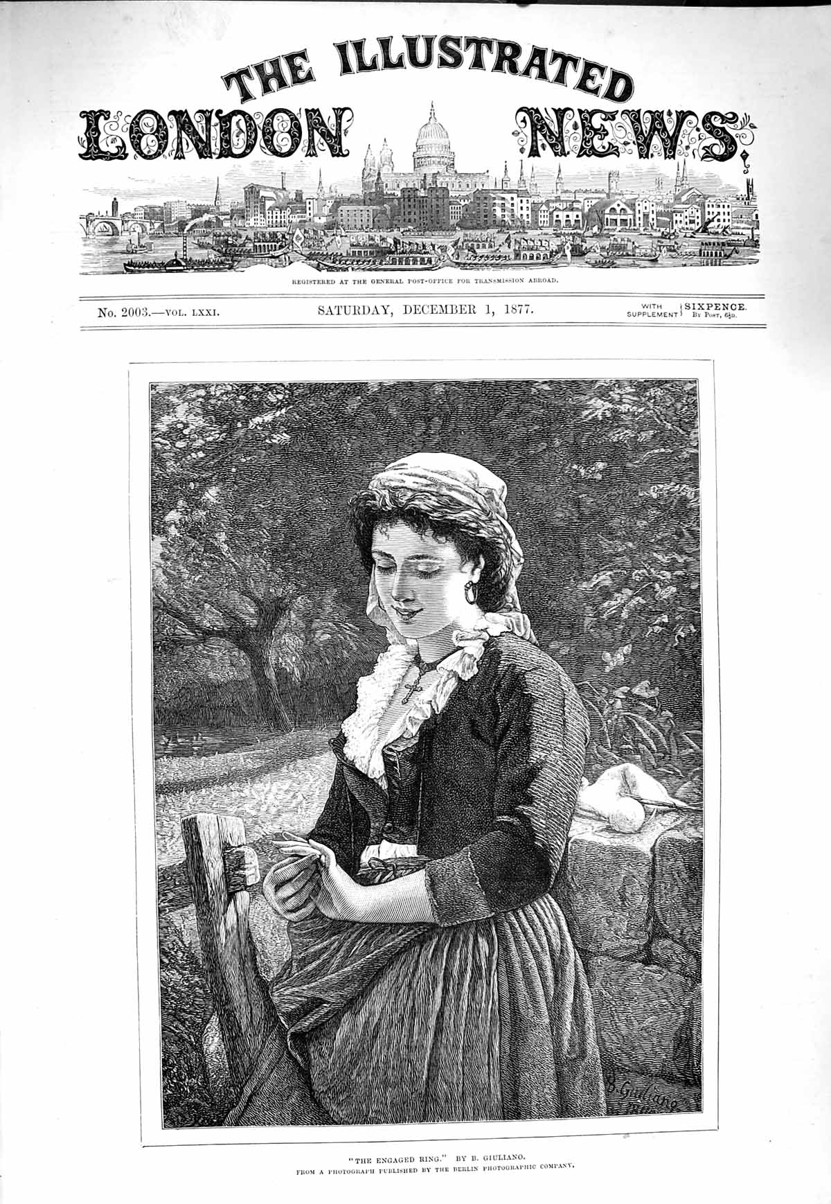 Original Old Antique Print 1877 Engaged Ring Beautiful Young Woman Romance 19th