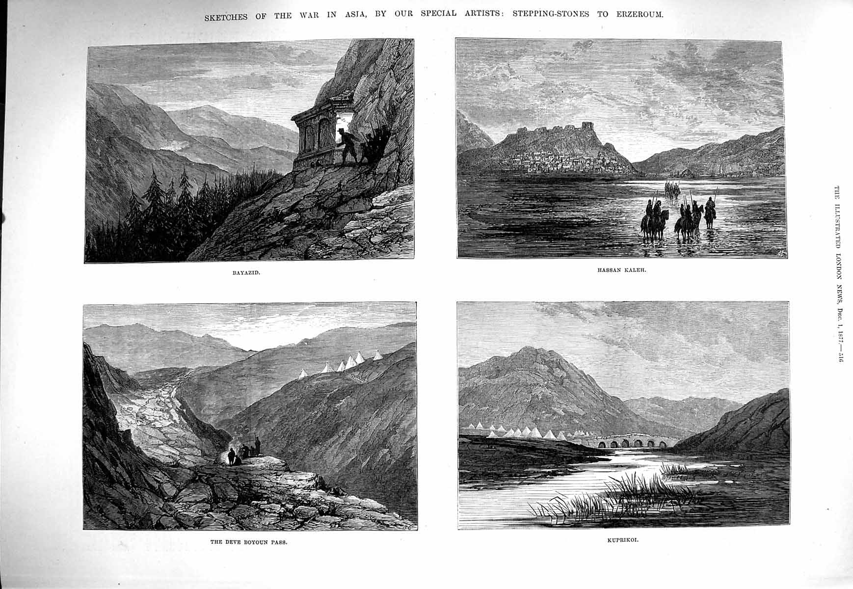 Original Old Antique Print 1877 War Asia Bayazid Hassan Kaleh Boyoun Kuprikol