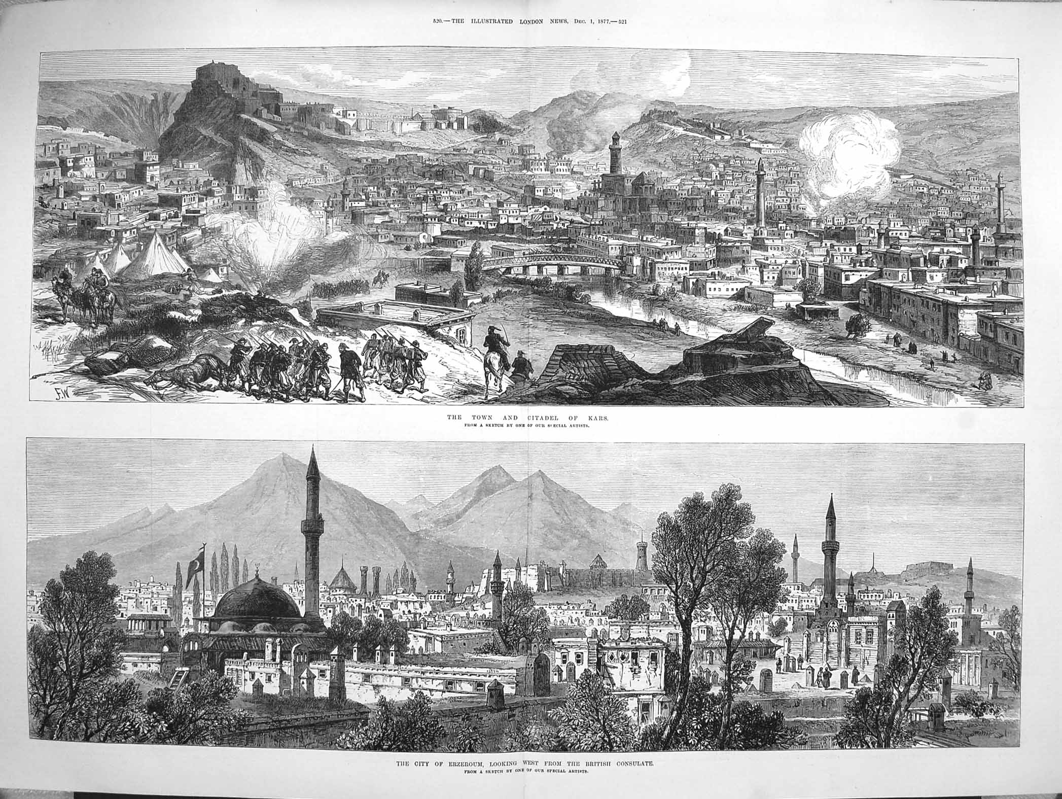 Old Antique Print 1877 Town Citadel Kars City Erzeroum British Consulate 19th