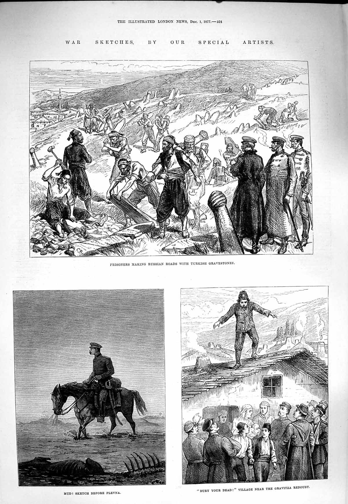 Original Old Antique Print 1877 War Prisoners Russian Roads Turkish Gravestones