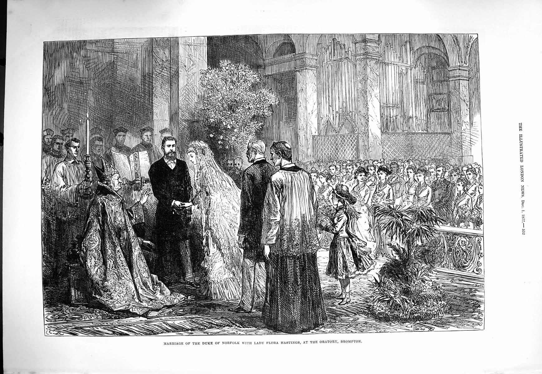 Old Antique Print 1877 Marriage Duke Norfolk Lady Flora Hastings Brompton 19th