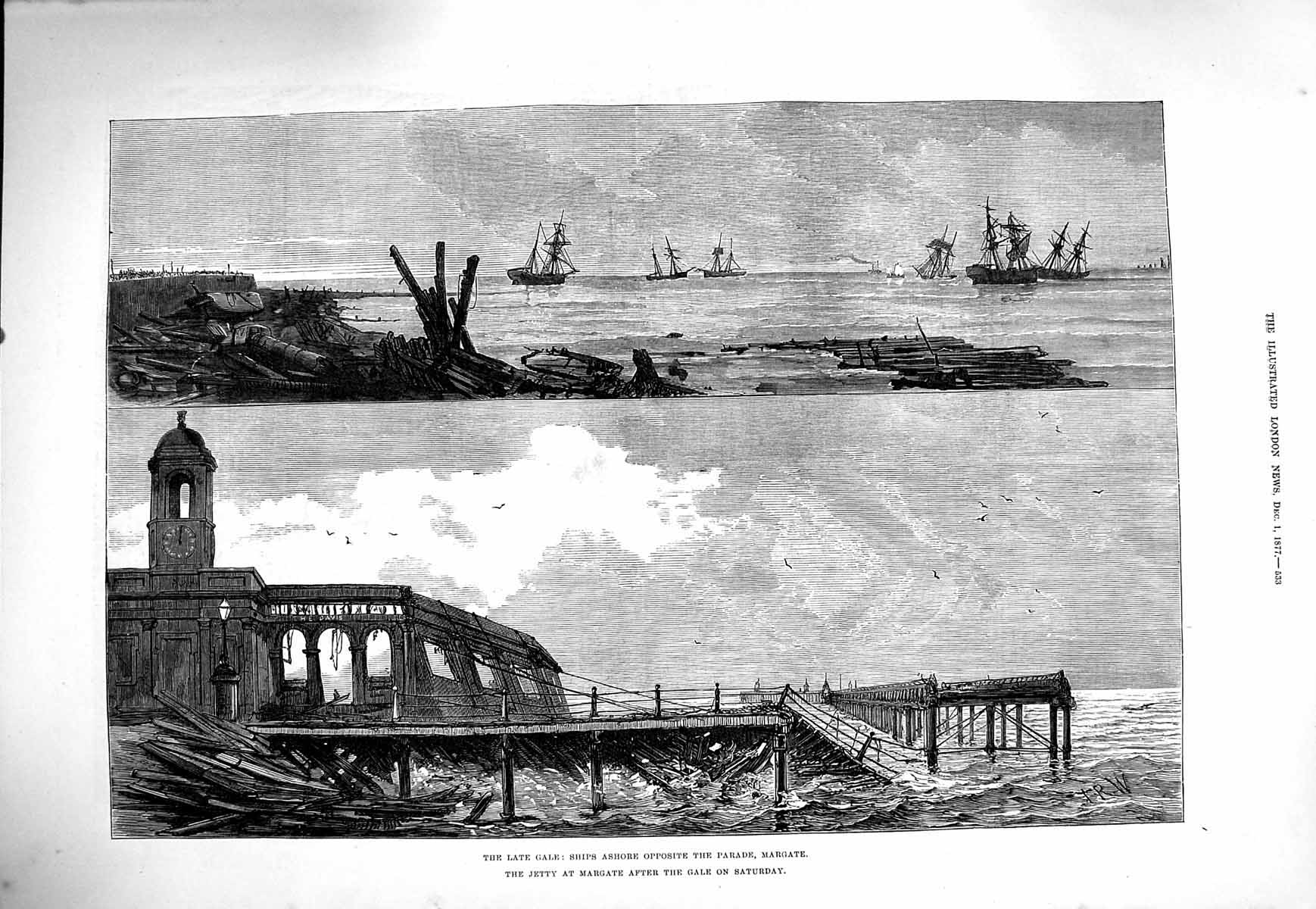 Original Old Antique Print 1877 Ships Ashore Opposite Parade Margate Pier 19th