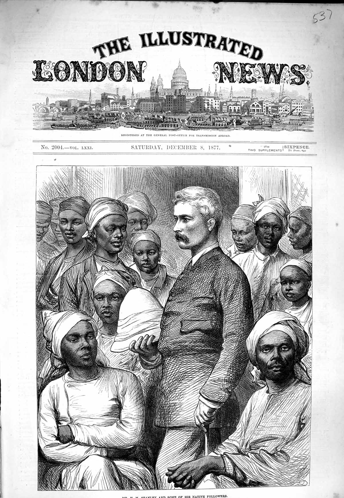 Original Old Antique Print 1877 Mr Stanley Native Followers Africa Cape 19th