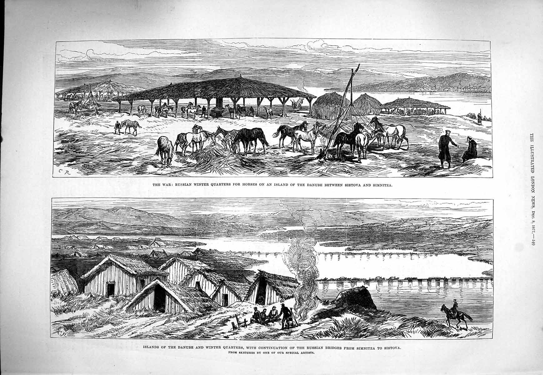 Old Antique Print 1877 War Islands Danube Simnitza Sistova Horses Russian 19th