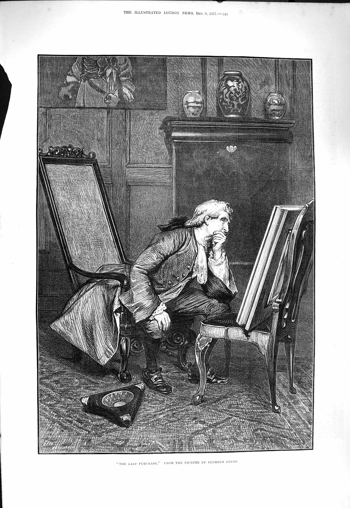 Original Old Antique Print 1877 Fine Art Last Purchase Man Painting Lucas 19th