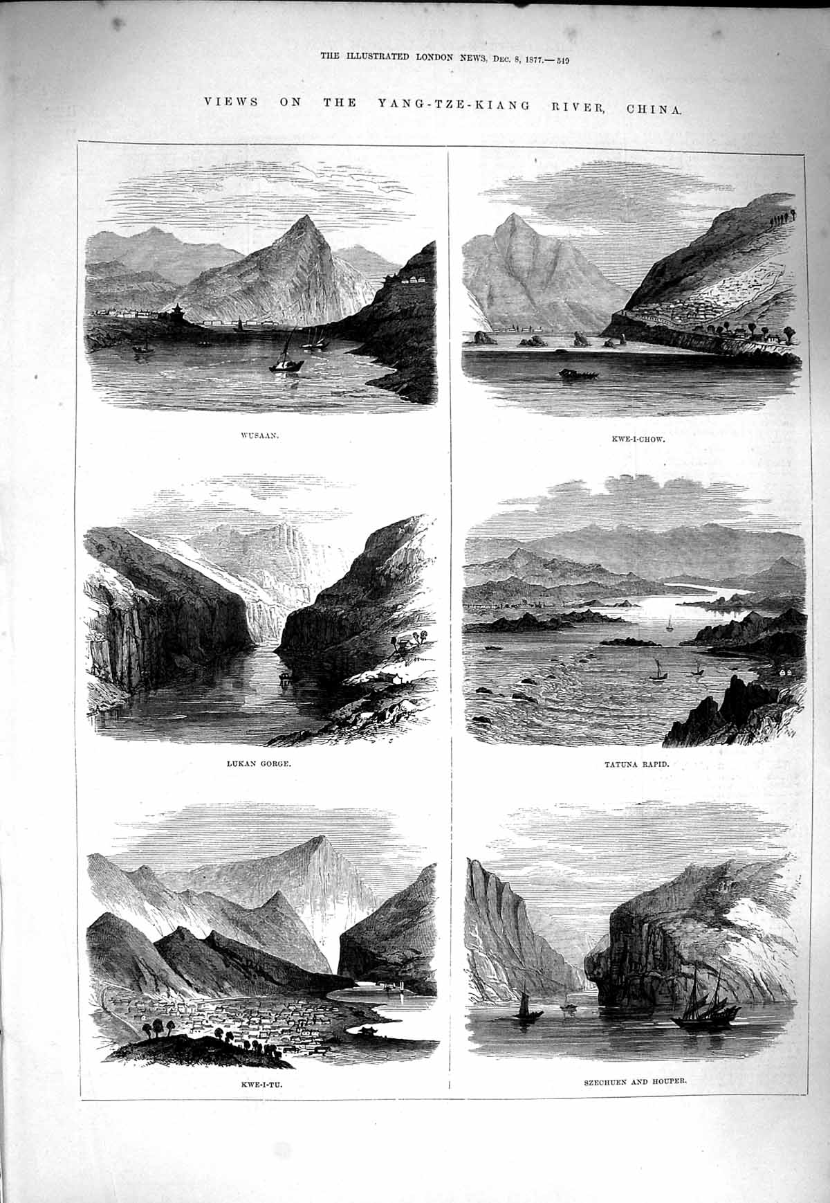 Old Antique Print 1877 Yang-Tze-Kiang China Wusaan Tatuna Kwe-I-Tu Lukan 19th