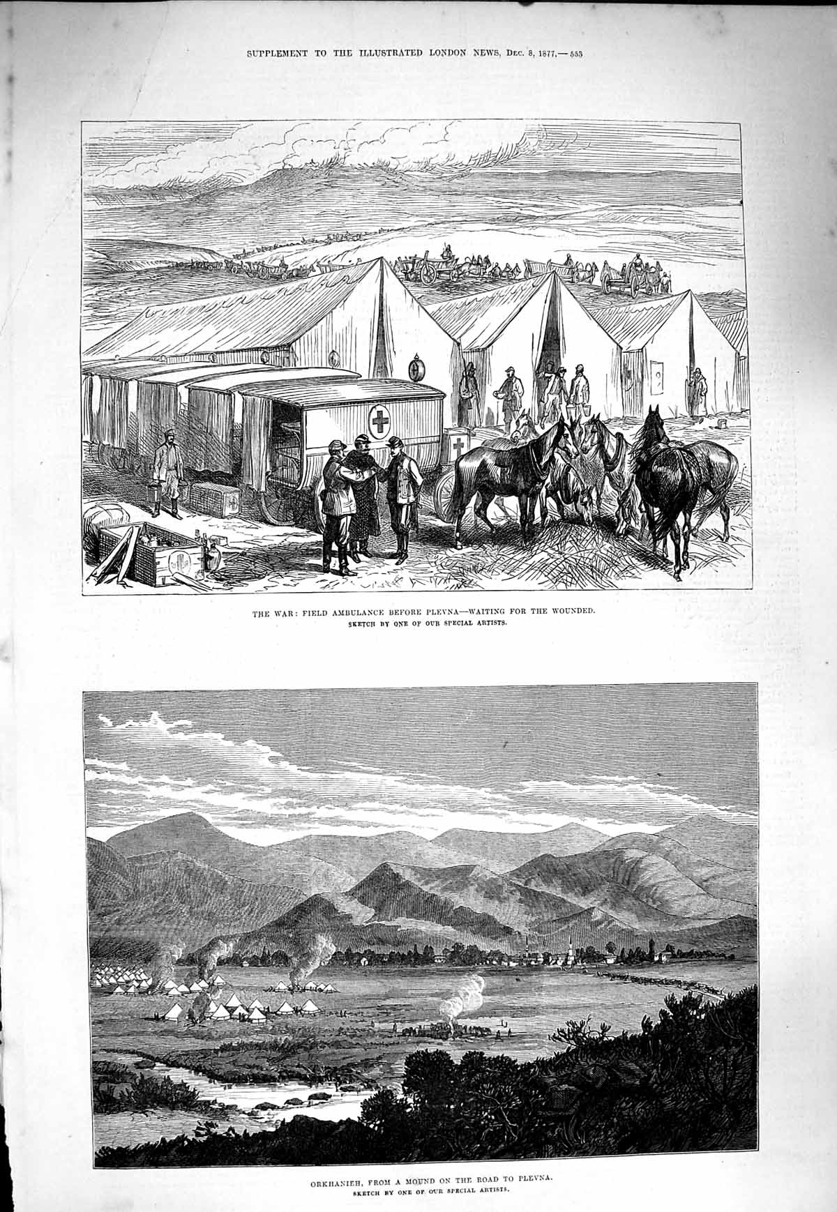 Original Old Antique Print 1877 War Field Ambulance Plevna Orkhanieh Mountains