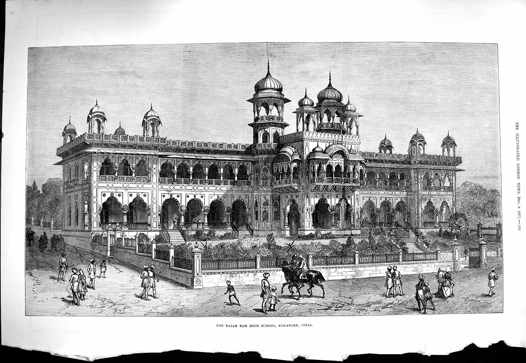 Old Antique Print 1877 Rajah Ram High School Kolapore India Architecture 19th