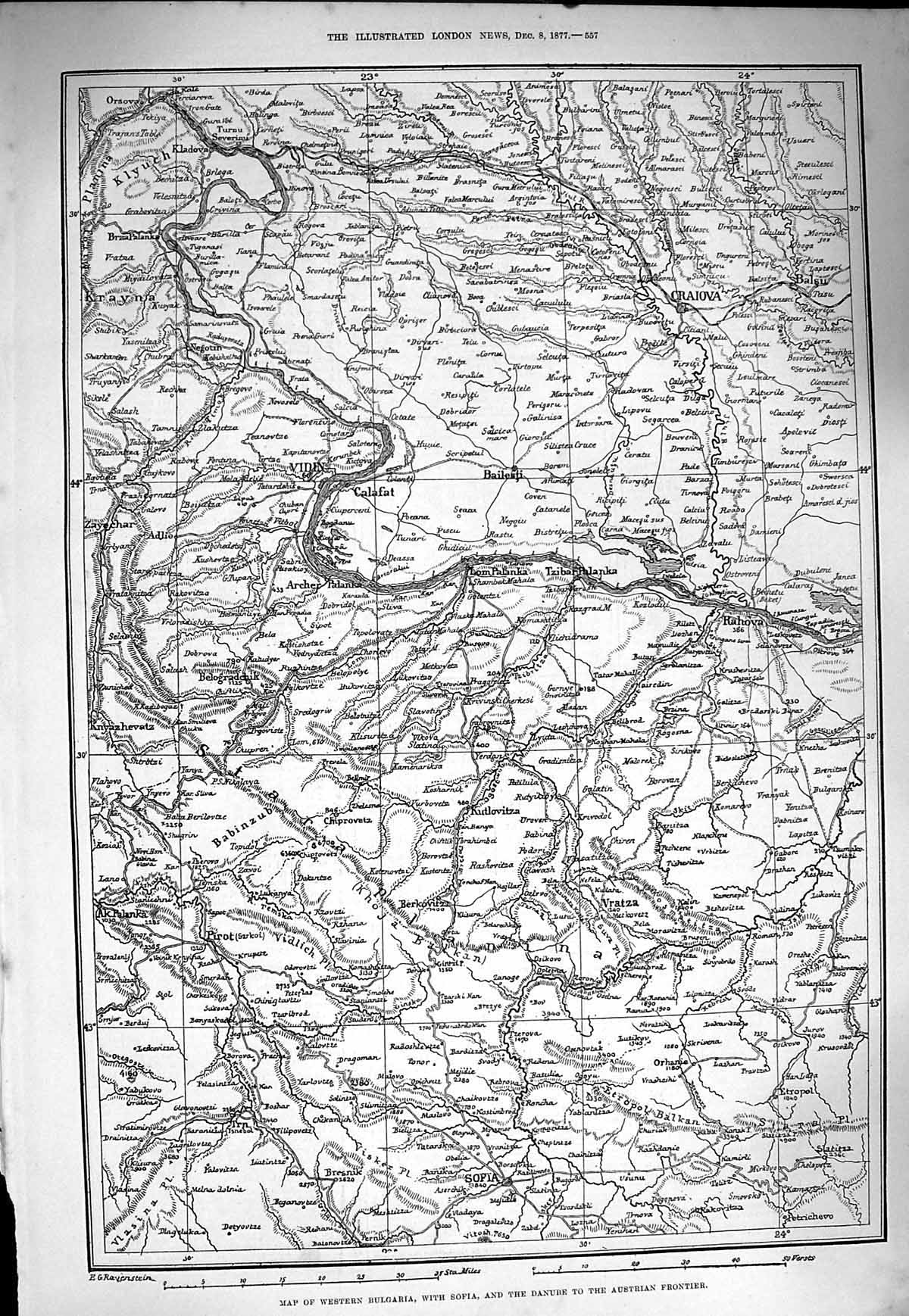 Original Old Antique Print 1877 Map Western Bulgaria Sofia Viden Rahova Craiova