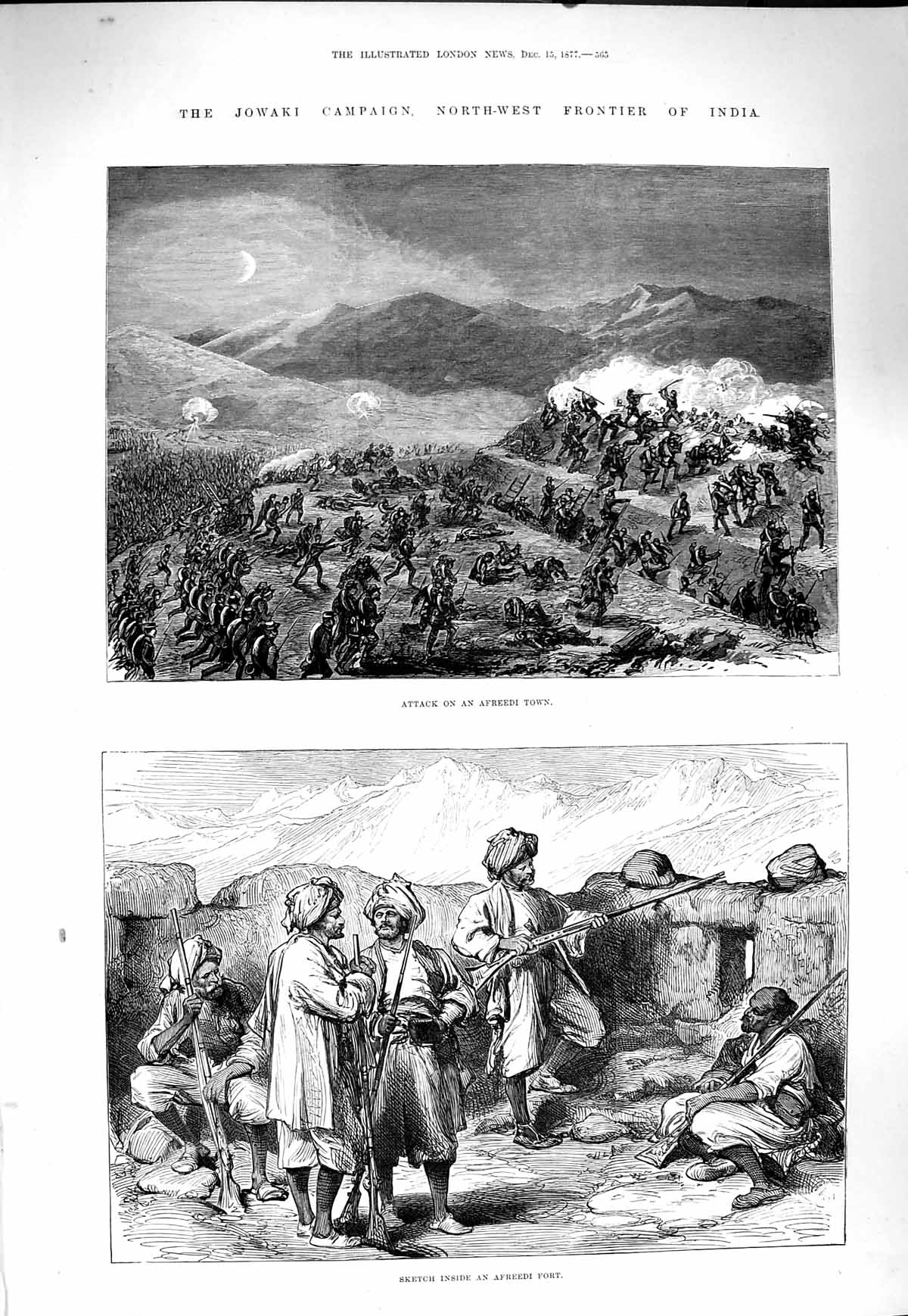 Original Old Antique Print 1877 Jowaki India War Attack Afreedi Town Fort Army