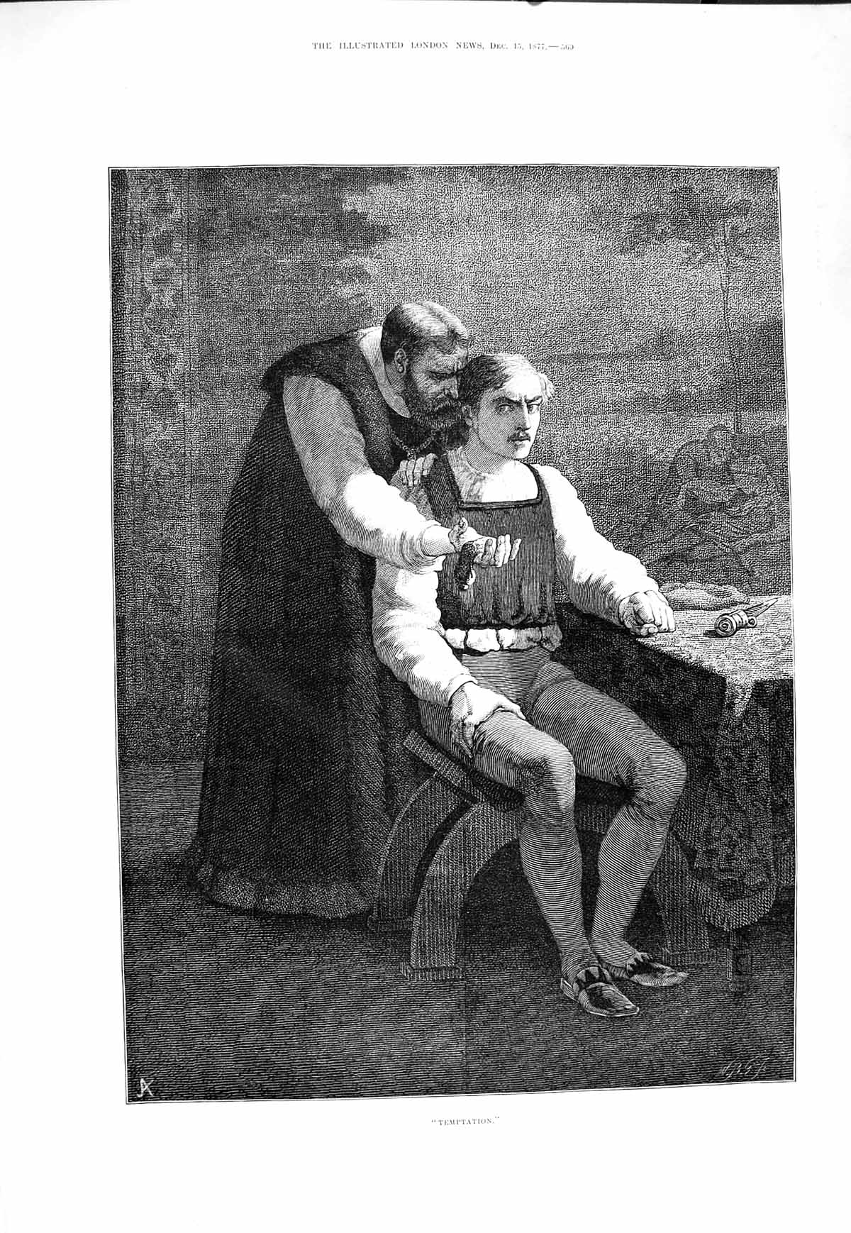 Original Old Antique Print 1877 Temptation Men Sitting Table Fine Art Victorian
