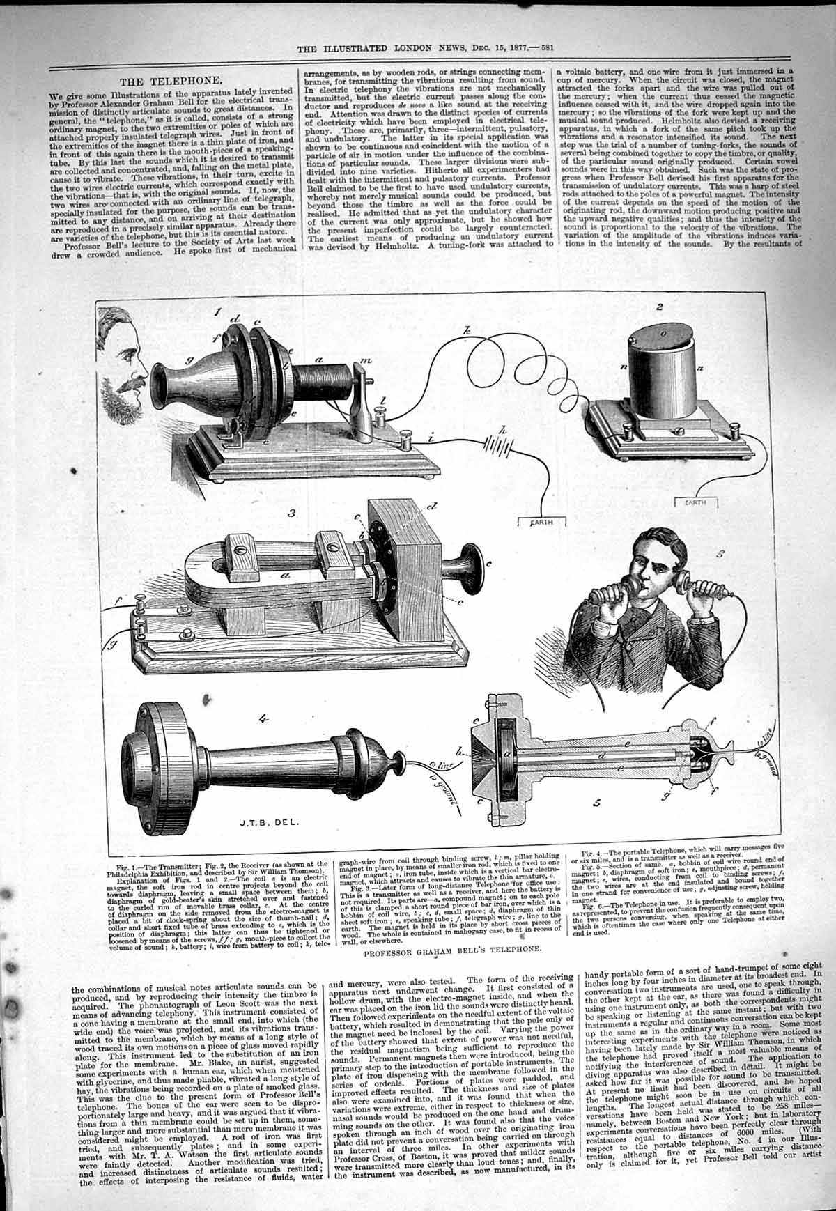 Original Old Antique Print 1877 Professor Graham Bell Telephone Tran Victorian