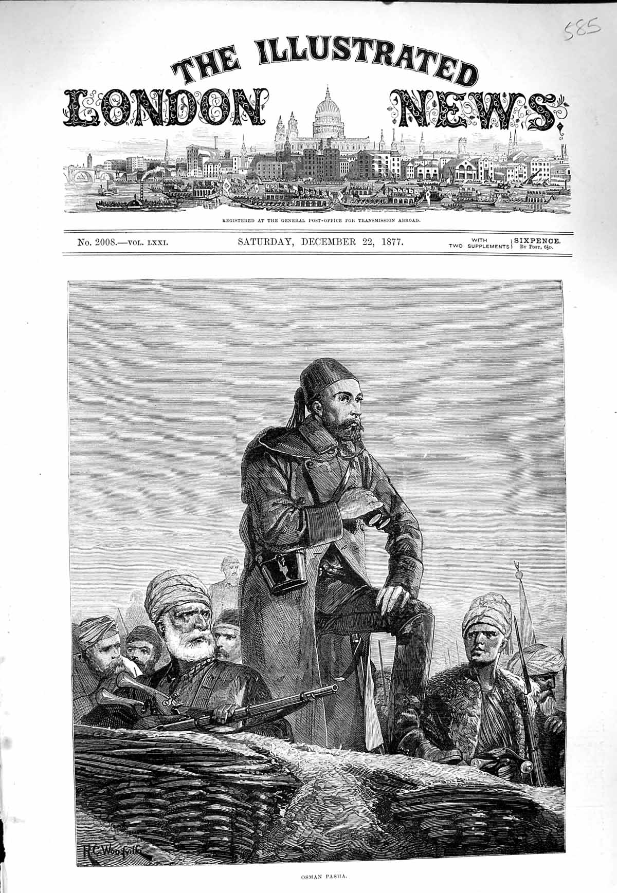 Original Old Antique Print 1877 Osman Pasha Portrait War Siers Lookout 19th