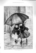 Original Old Antique Print 1877 Fine Art Young Children Girls Umbrella 19th