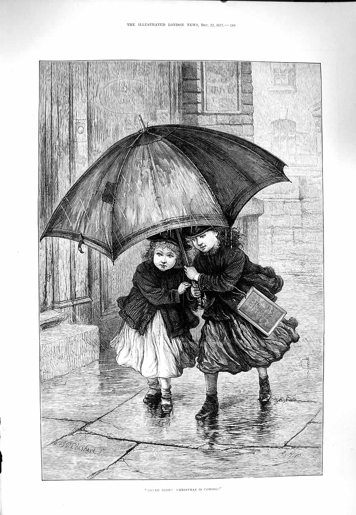 Original Old Antique Print 1877 Fine Art Young Children Girls Umbrella 19th
