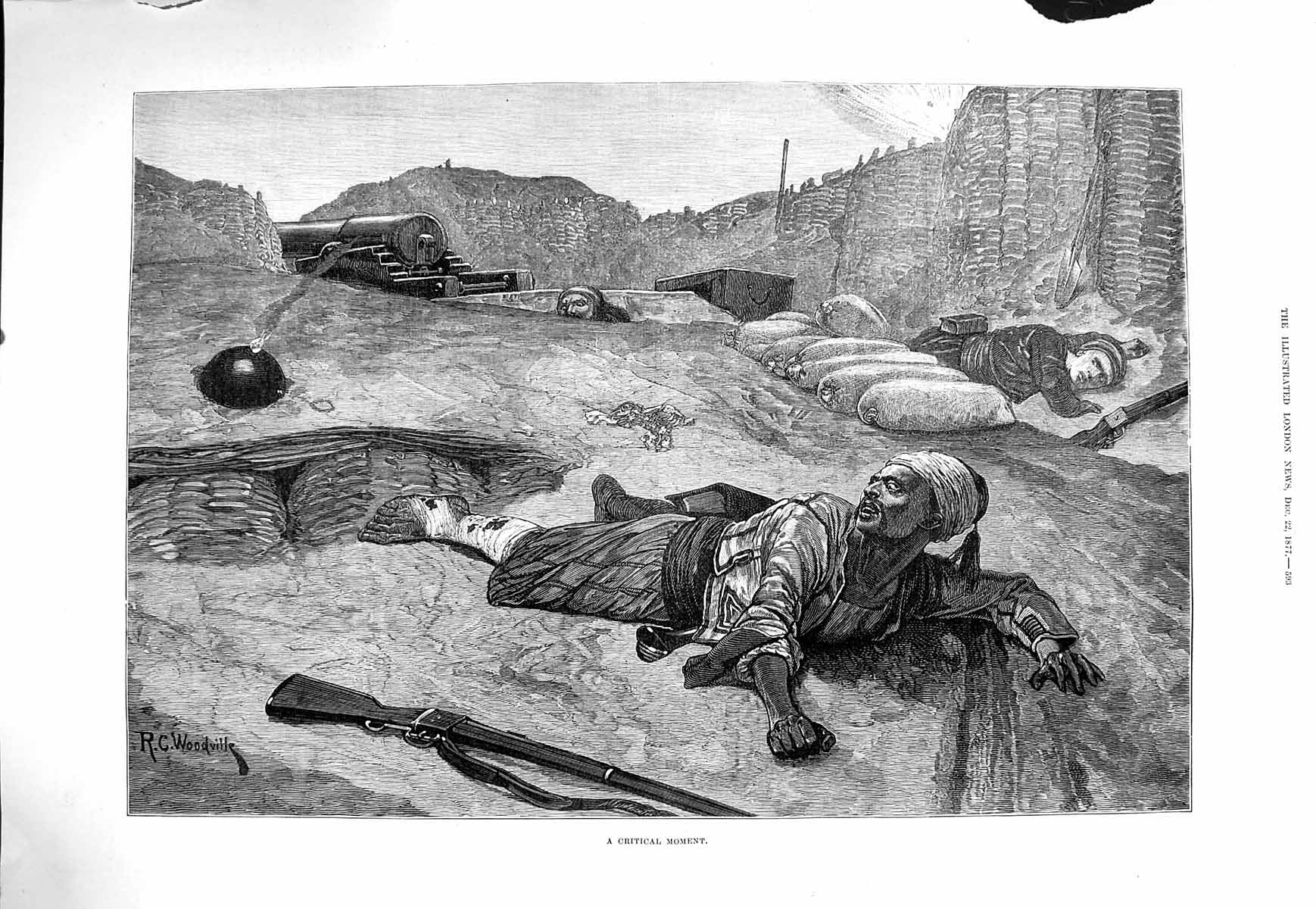Original Old Antique Print 1877 Critical Moment Injured Sier Unexploded Bomb