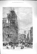 Original Old Antique Print 1877 Temple Bar New Law Courts Building Archi 19th
