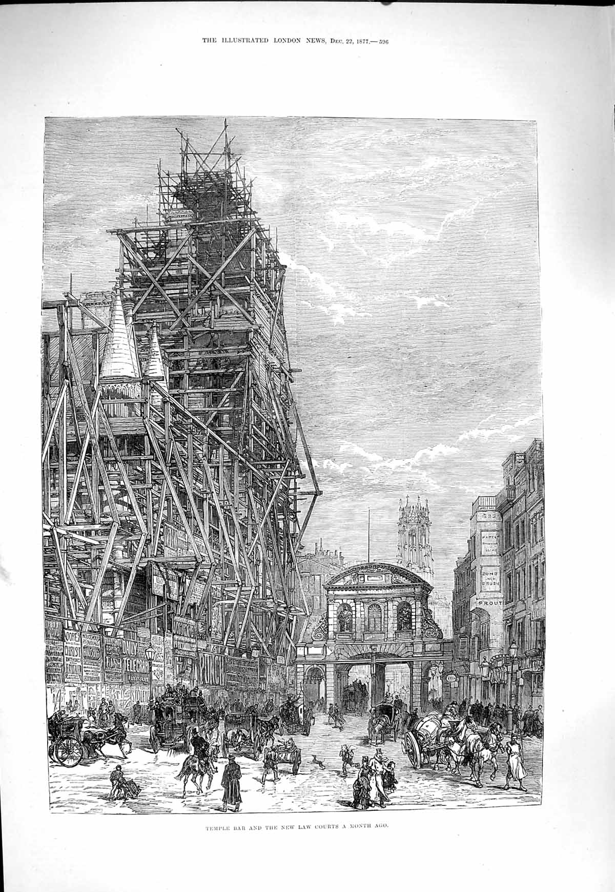 Original Old Antique Print 1877 Temple Bar New Law Courts Building Archi 19th