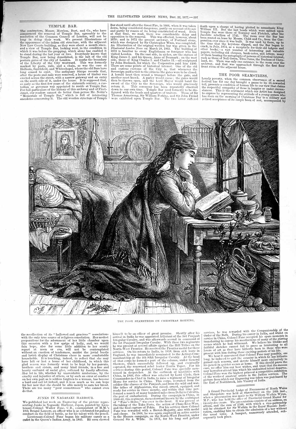 Original Old Antique Print 1877 Poor Steamstress Christmas Morning Girl Book