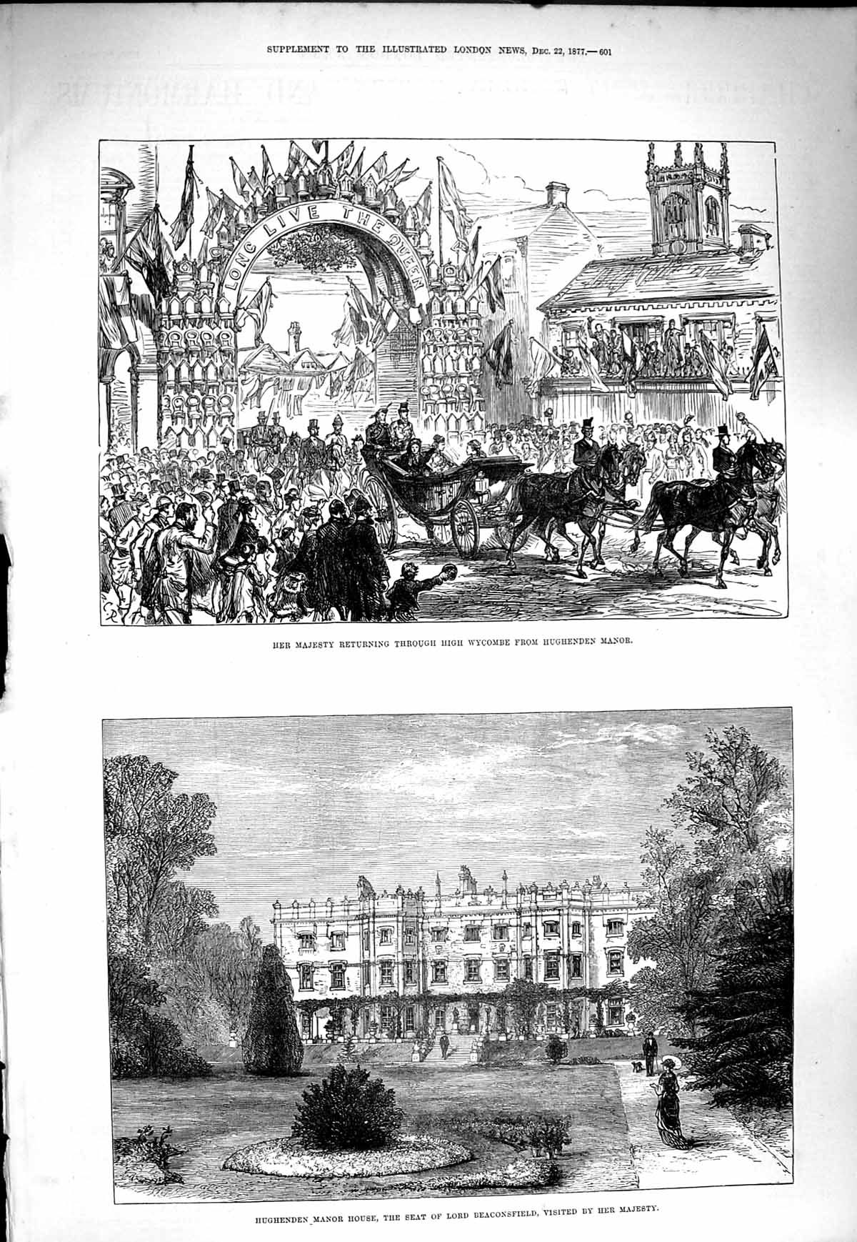 Original Old Antique Print 1877 Queen Wycombe Hughenden Manor Lord Beaconsfield