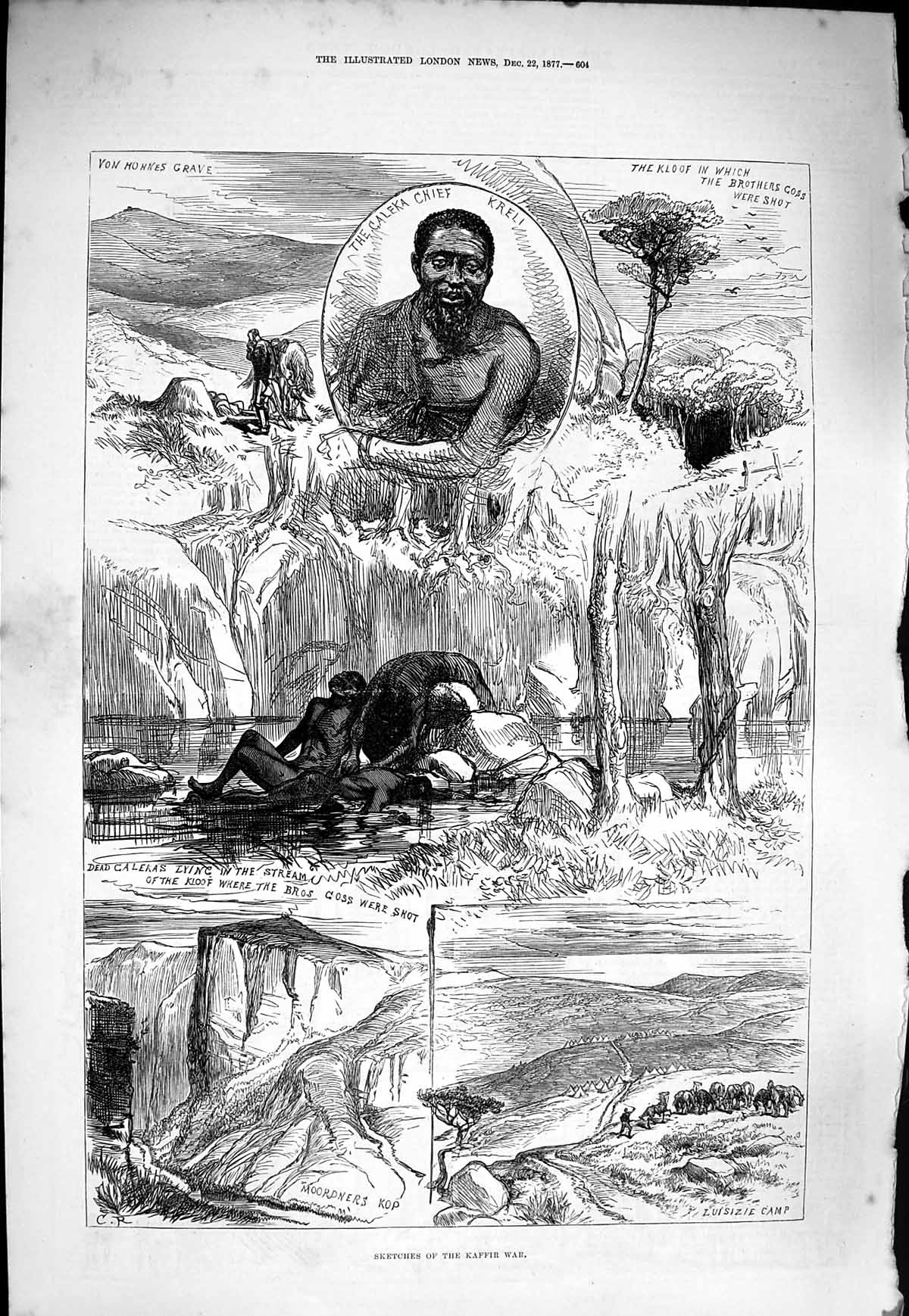 Old Antique Print 1877 Kaffir War Galeka Chief Kreli Moordners Luisizie 19th
