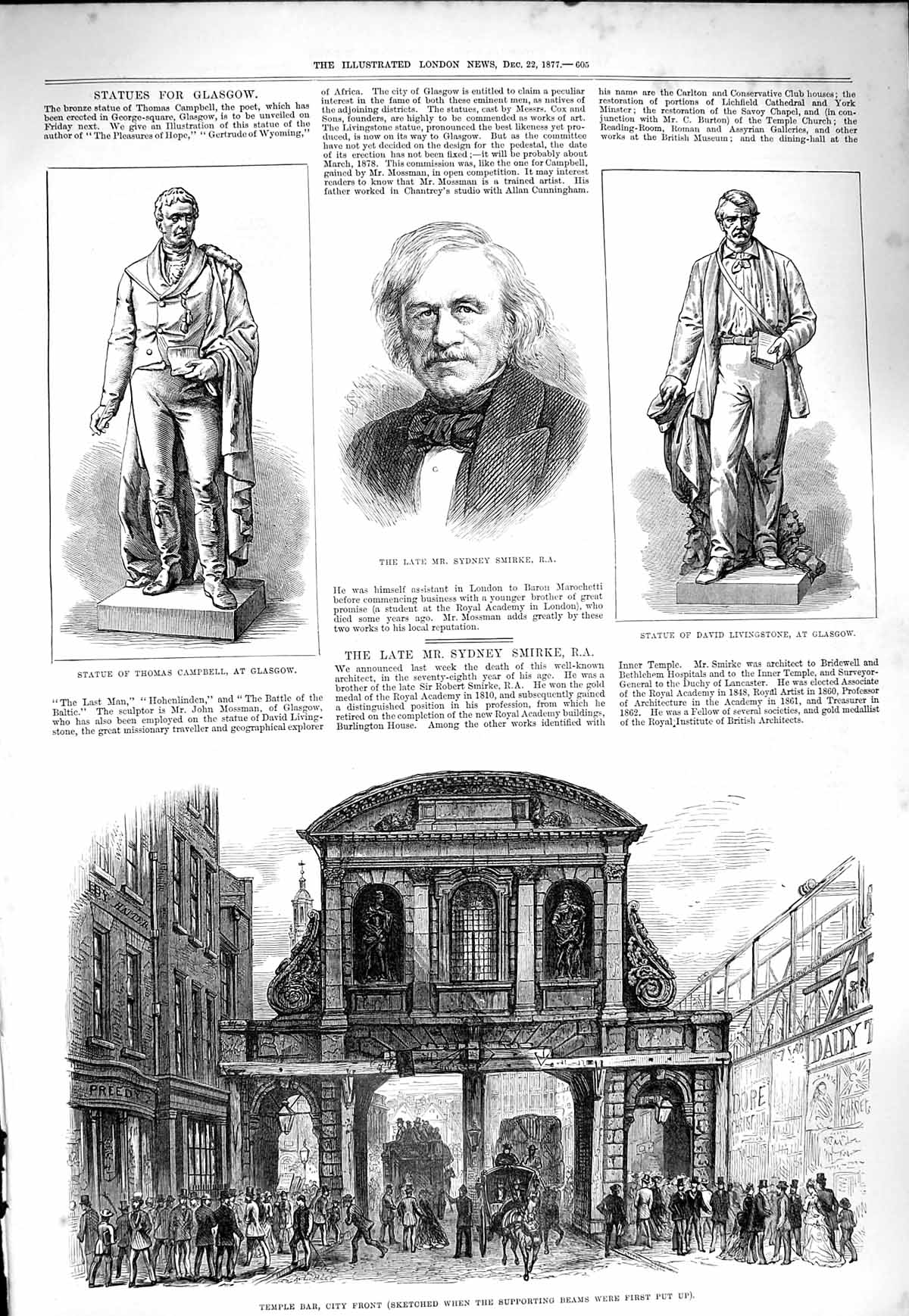 Old Antique Print 1877 Temple Bar Architecture Smirke Livingstone Glasgow 19th