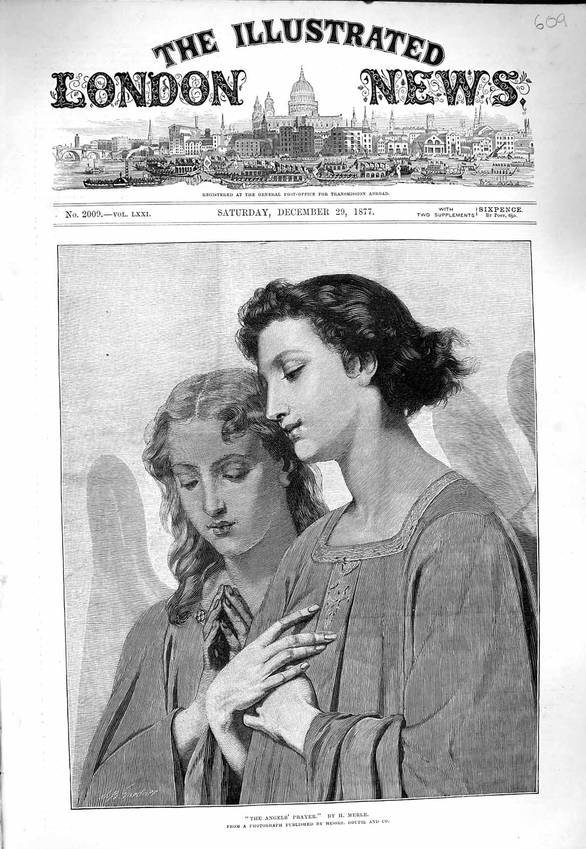 Original Old Antique Print 1877 Portrait Angels Prayer Beautiful Ladies Merle