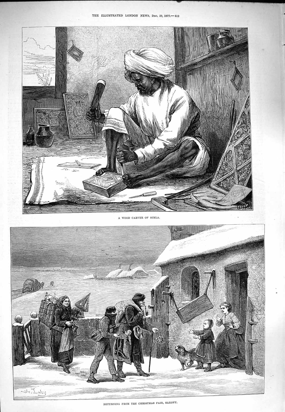 Old Antique Print 1877 Wood Carver Simla Christmas Fair Saxony Home Scene 19th