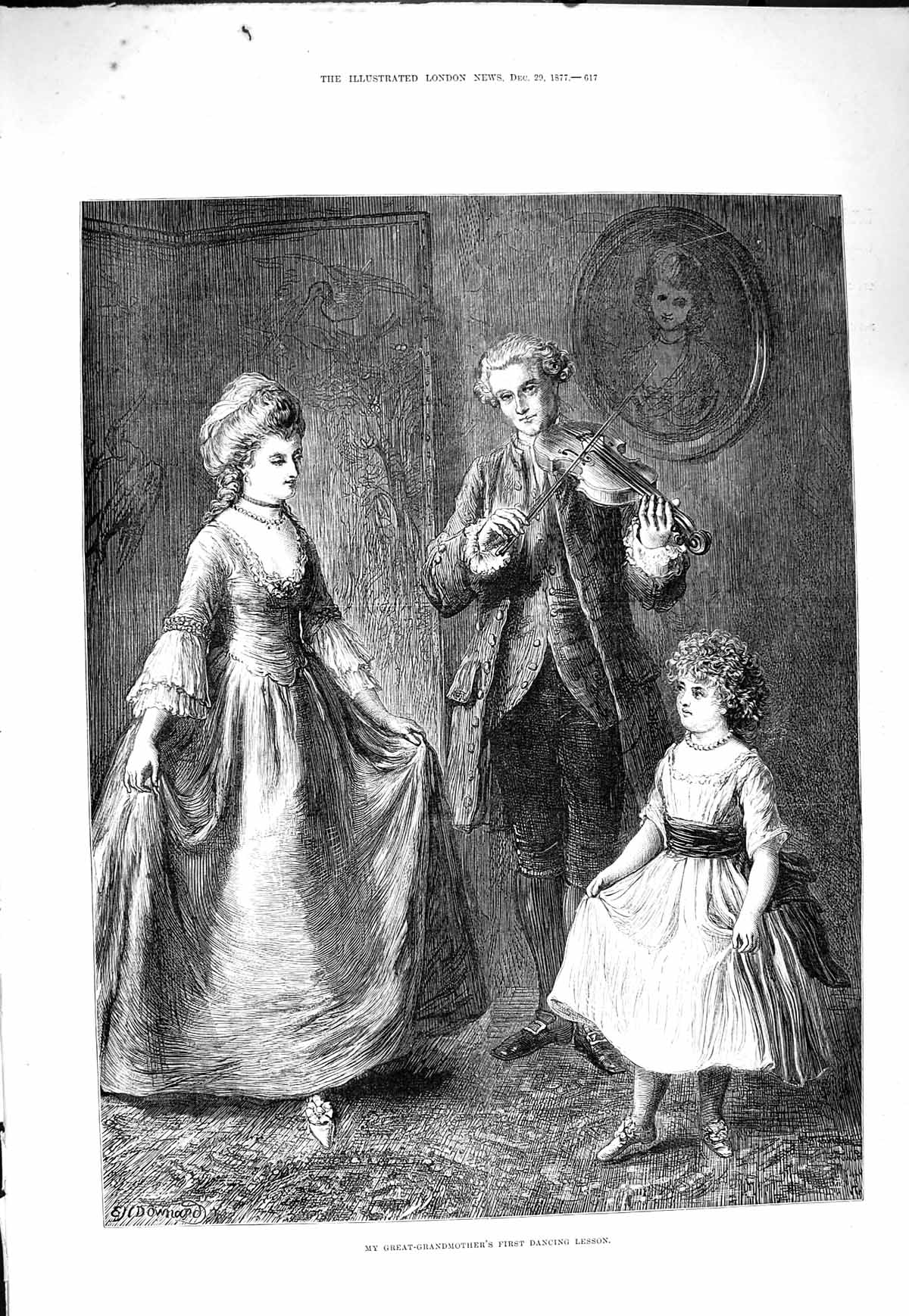 Original Old Antique Print 1877 Great-Grandmother Dancing Lesson Music Girl