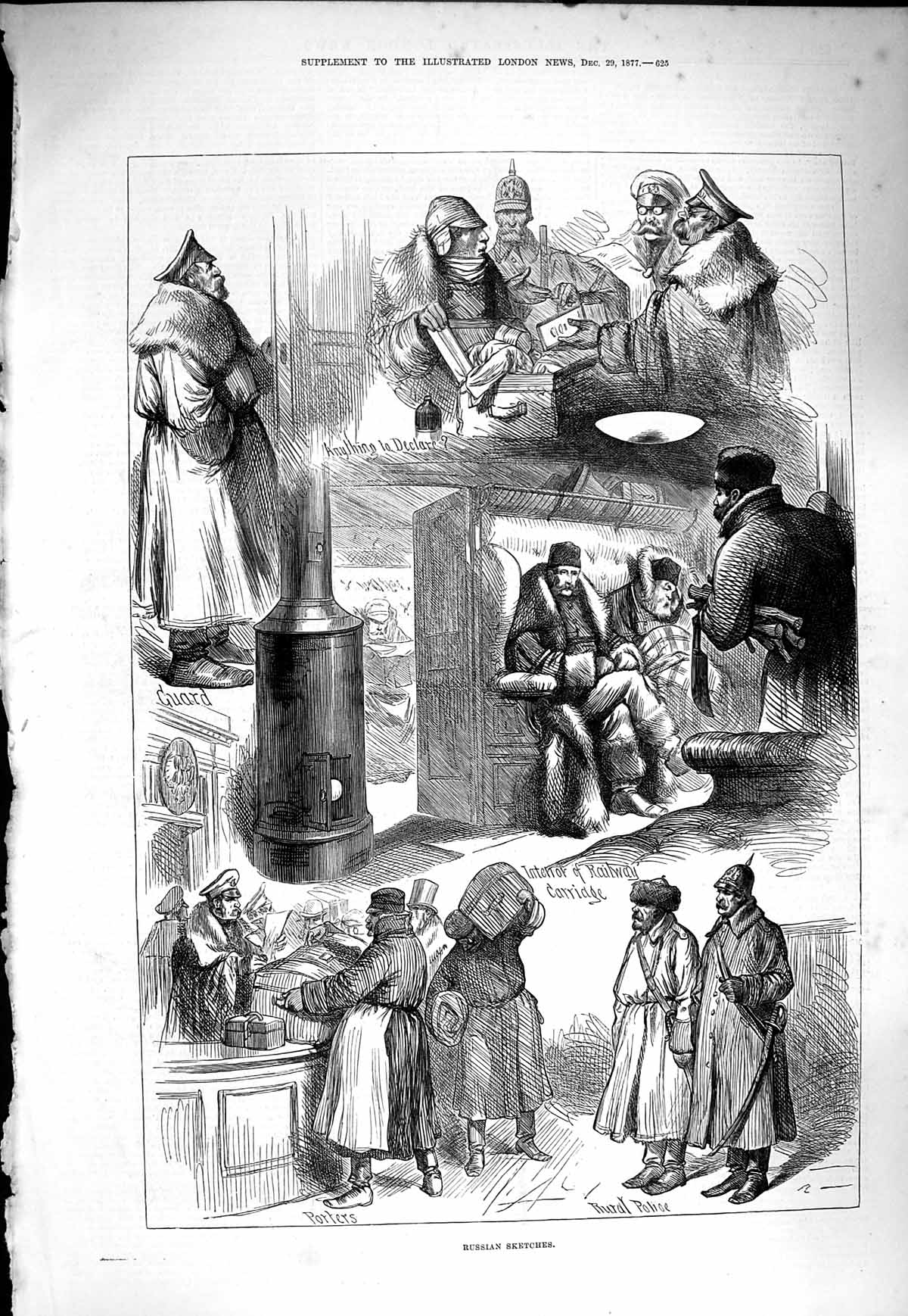 Original Old Antique Print 1877 Russian Siers Railway Carriage Guard Police