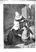 Old Antique Print 1877 Street Scene Nuns Sisters Little Girl Lost Puppy 19th