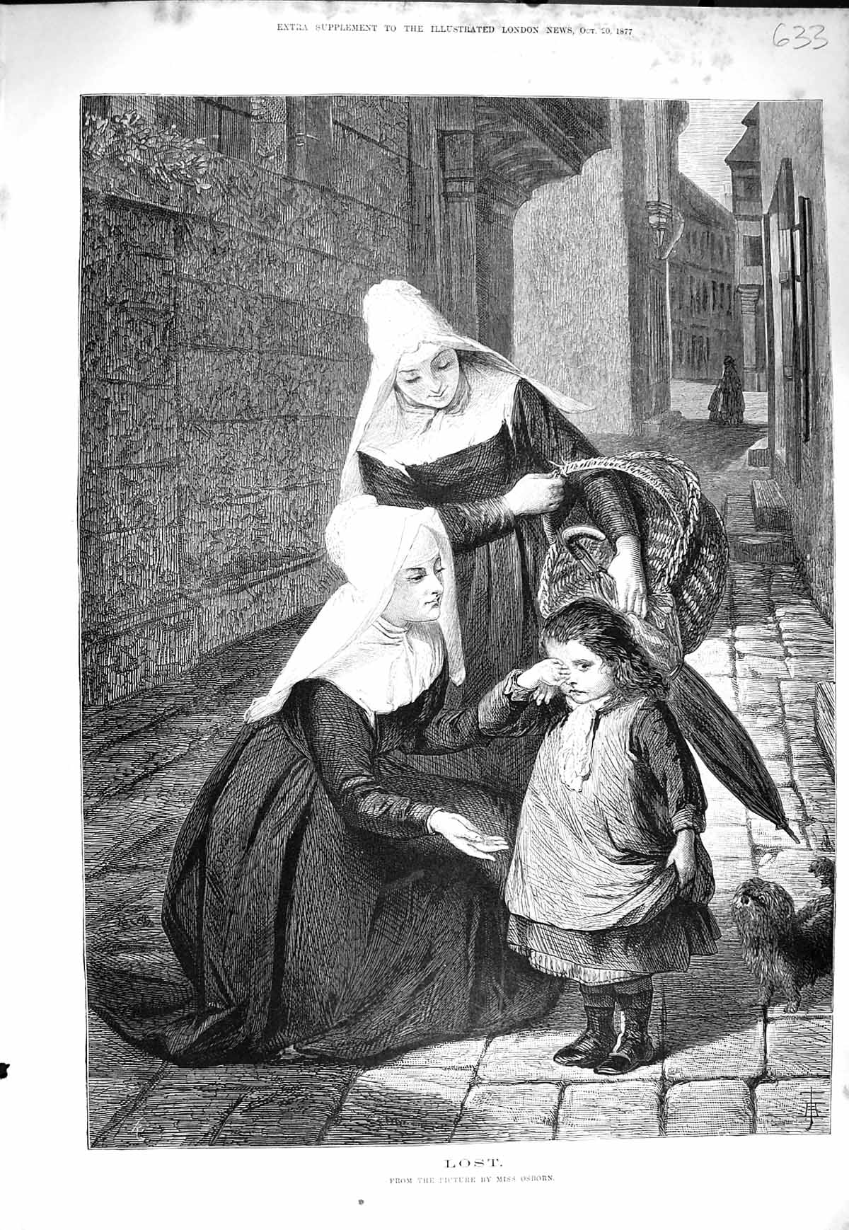 Old Antique Print 1877 Street Scene Nuns Sisters Little Girl Lost Puppy 19th