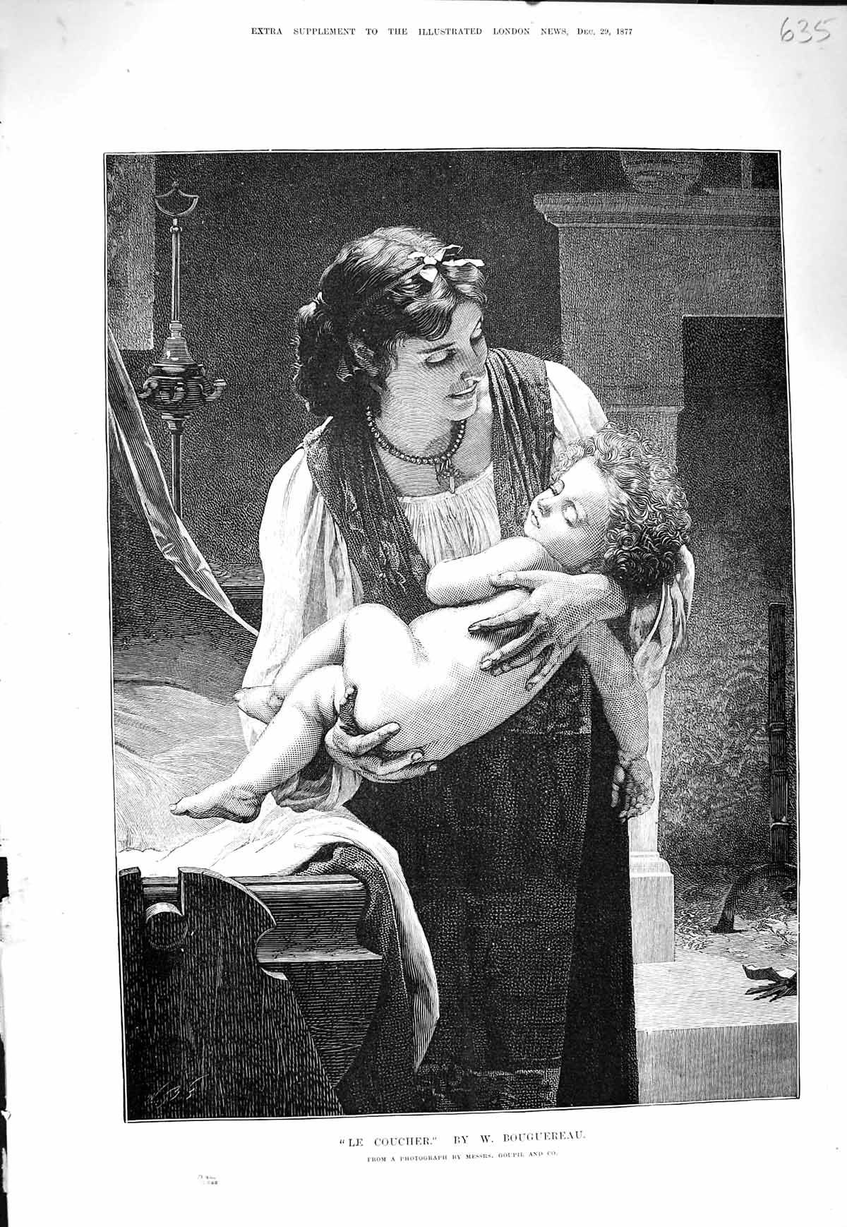Old Antique Print 1877 Le Coucher Mother Little Baby Sleeping Bouguereau 19th
