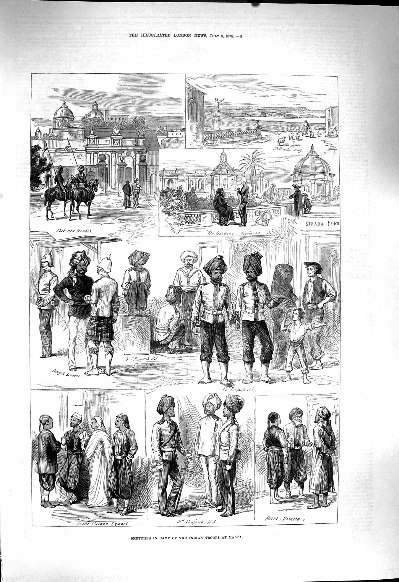 Original Old Antique Print 1878 Camp Indian Troops Malta Siers Punjaub Palace