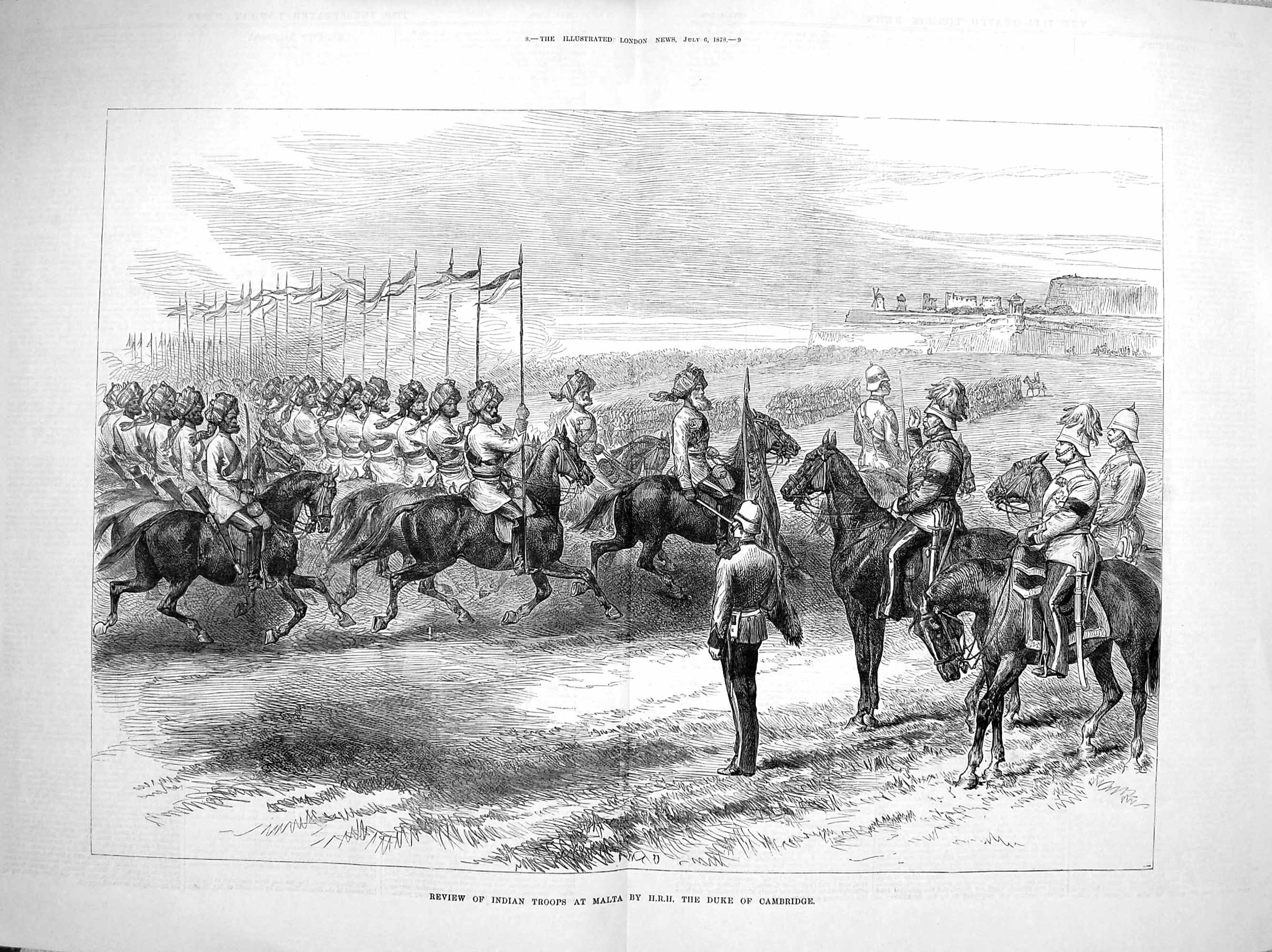 Old Antique Print 1878 Review Indian Troops Malta Duke Cambridge Siers 0 19th