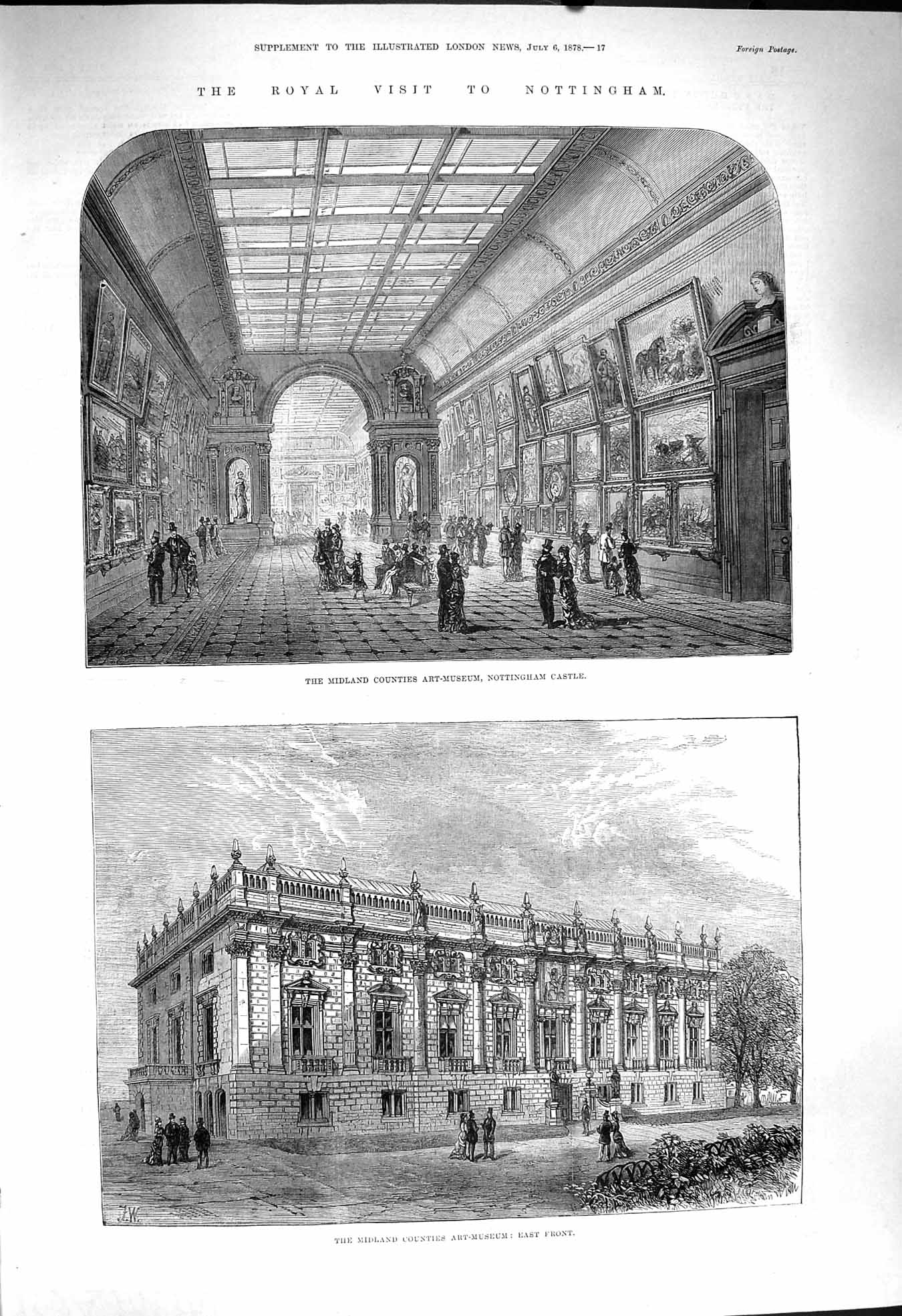 Original Old Antique Print 1878 Nottingham Art-Museum Castle Midland Counties
