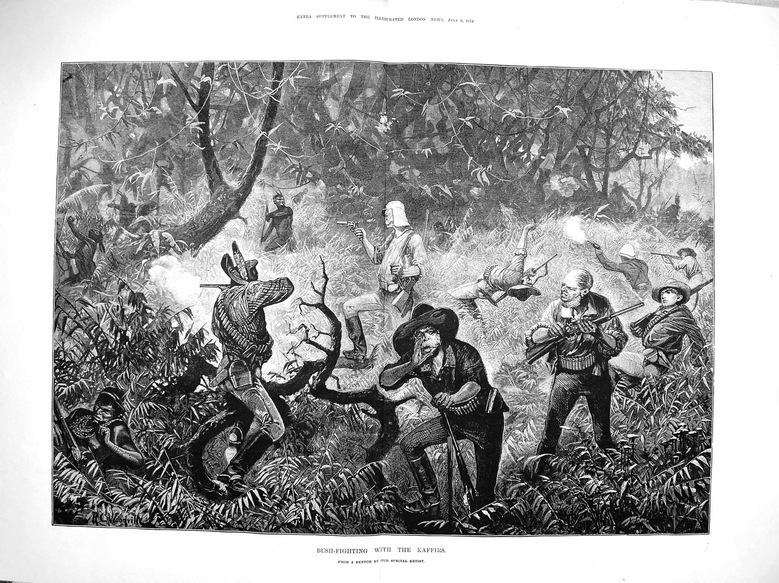 Old Antique Print 1878 Bush Fighting Kaffirs Battle Forest Shooting War 0 19th