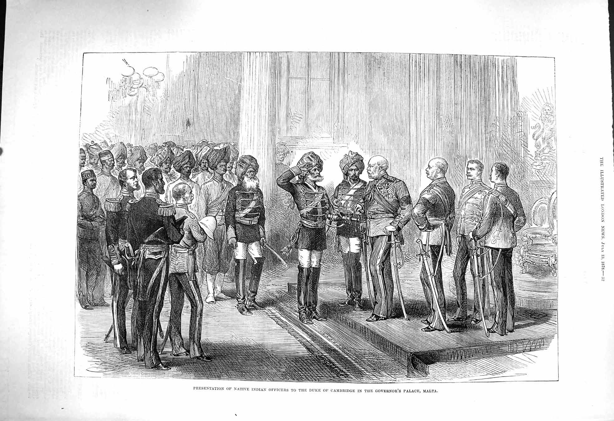 Old Antique Print 1878 Native Indian Officers Duke Cambridge Palace Malta 19th