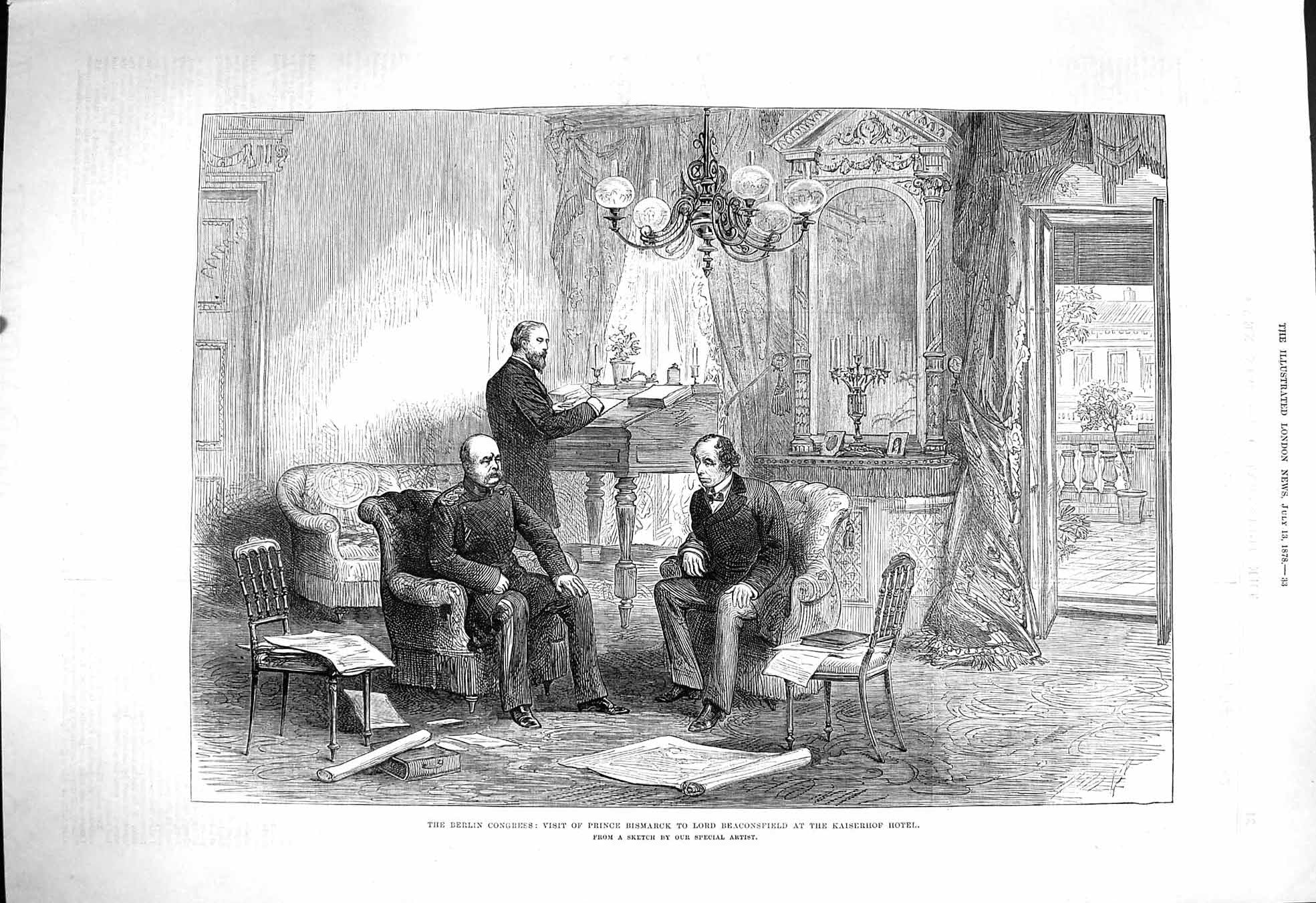 Old Antique Print 1878 Berlin Congress Prince Bismarck Beaconsfield Hotel 19th