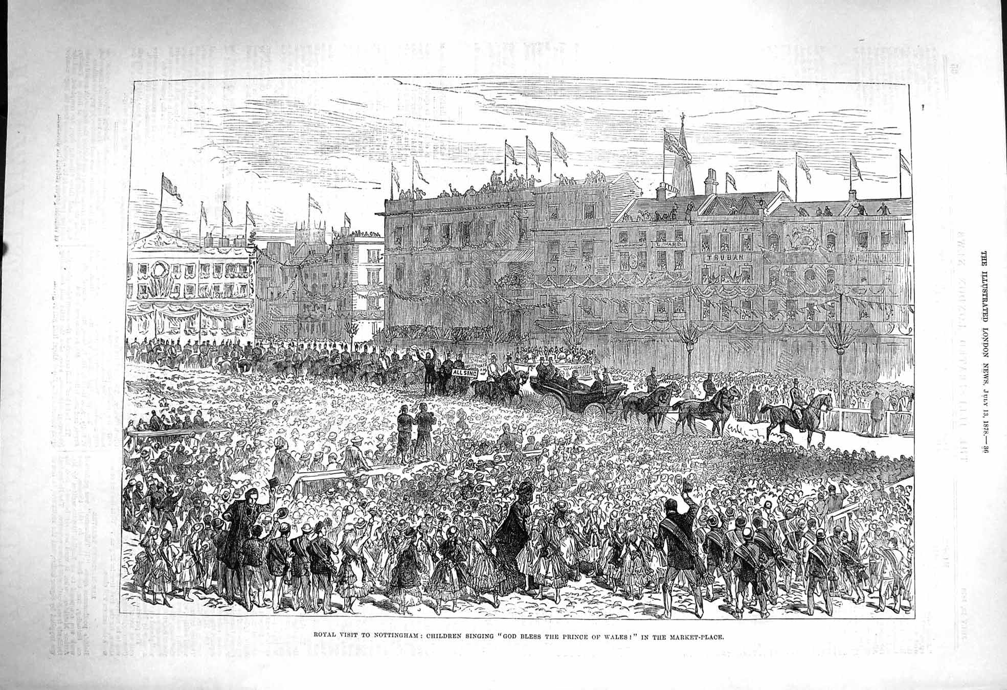 Original Old Antique Print 1878 Prince Wales Nottingham Children Singing Market