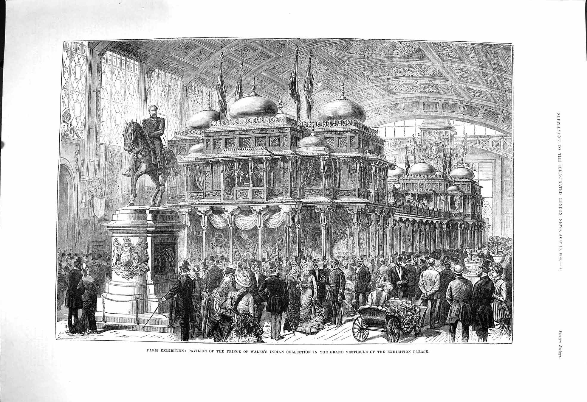 Original Old Antique Print 1878 Pavilion Prince Wales Indian Exhibition 19th