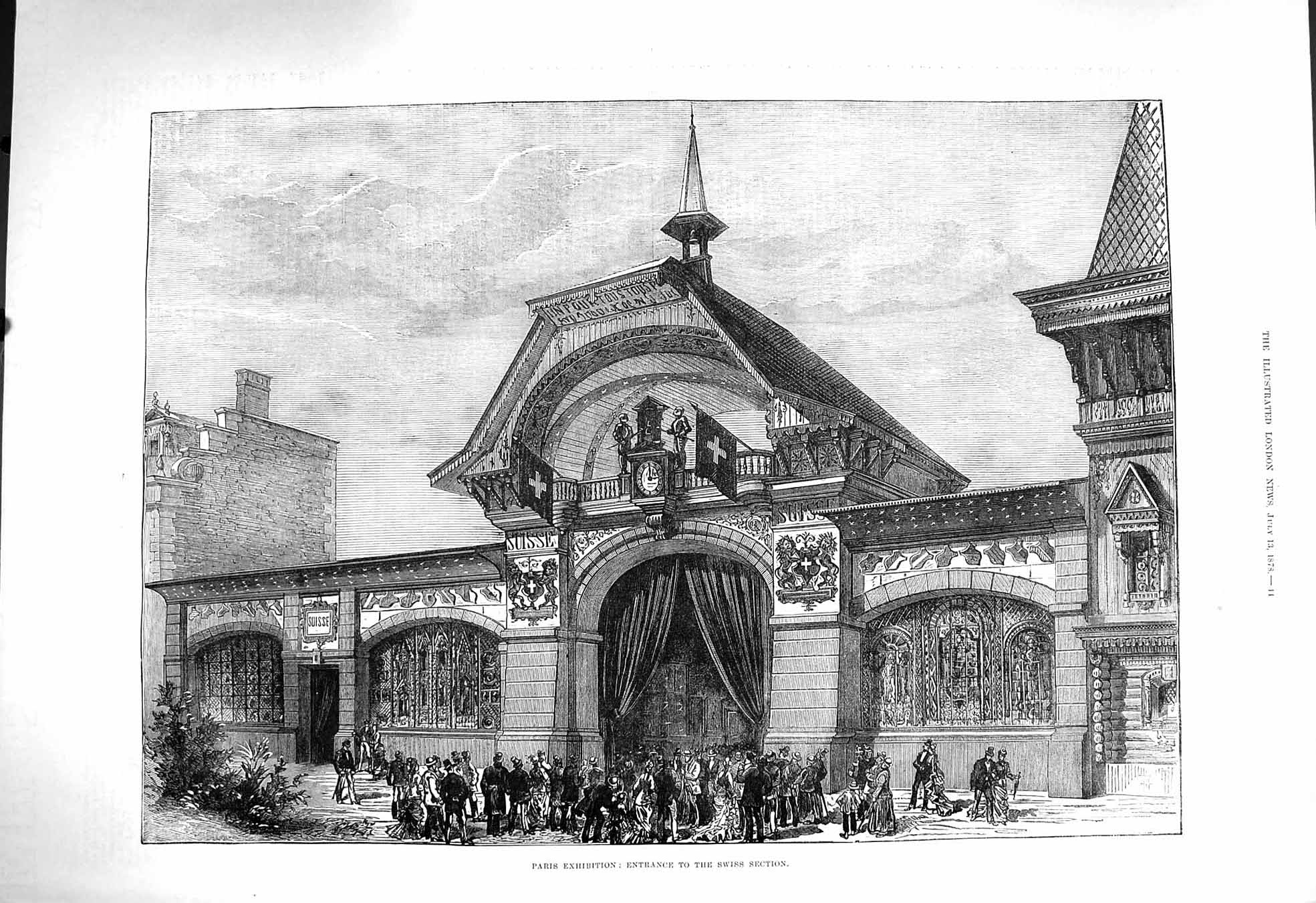 Old Antique Print 1878 Paris Exhibition Entrance Swiss Section Fine Art 19th