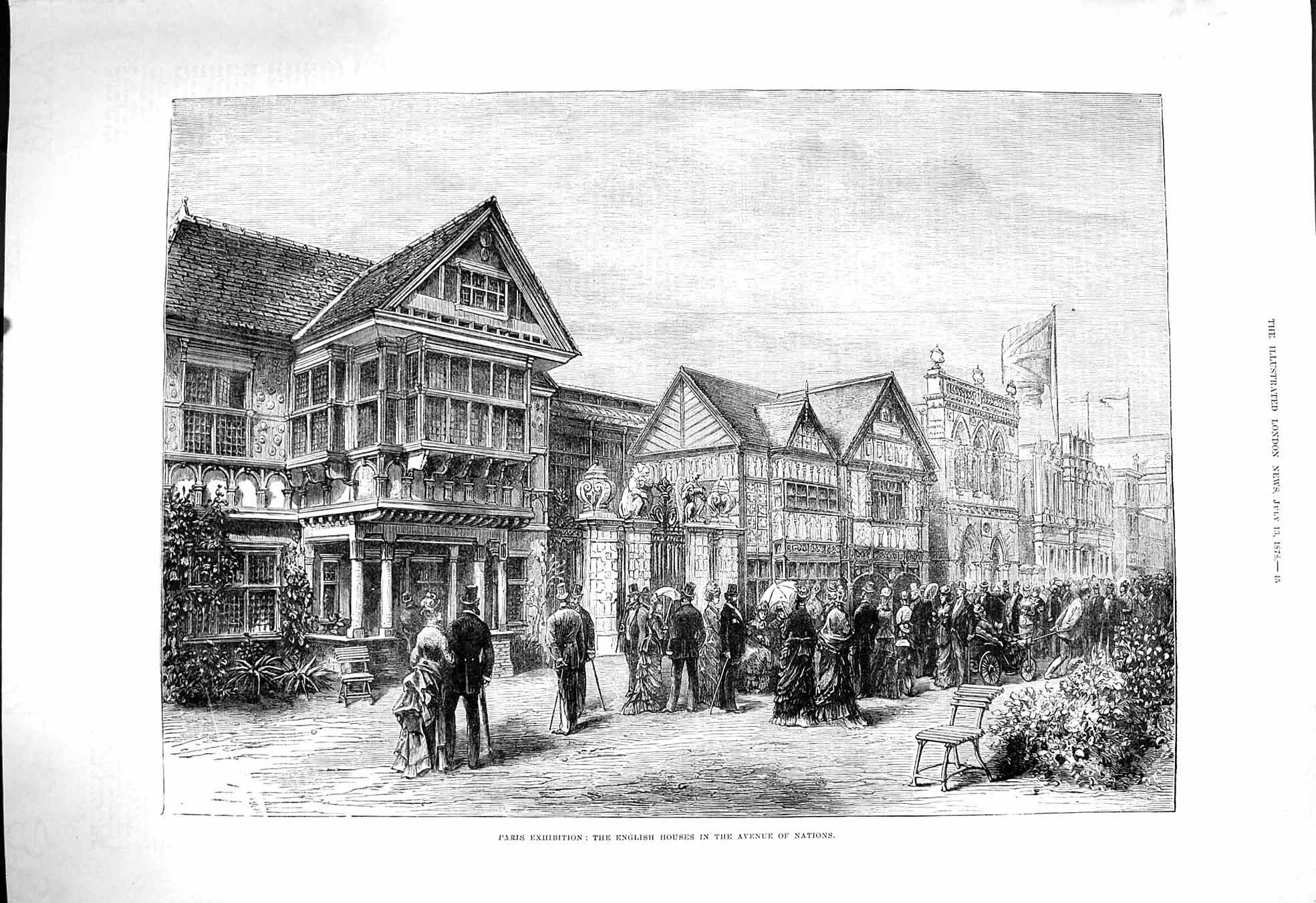 Original Old Antique Print 1878 Paris Exhibition English Houses Avenue Nations