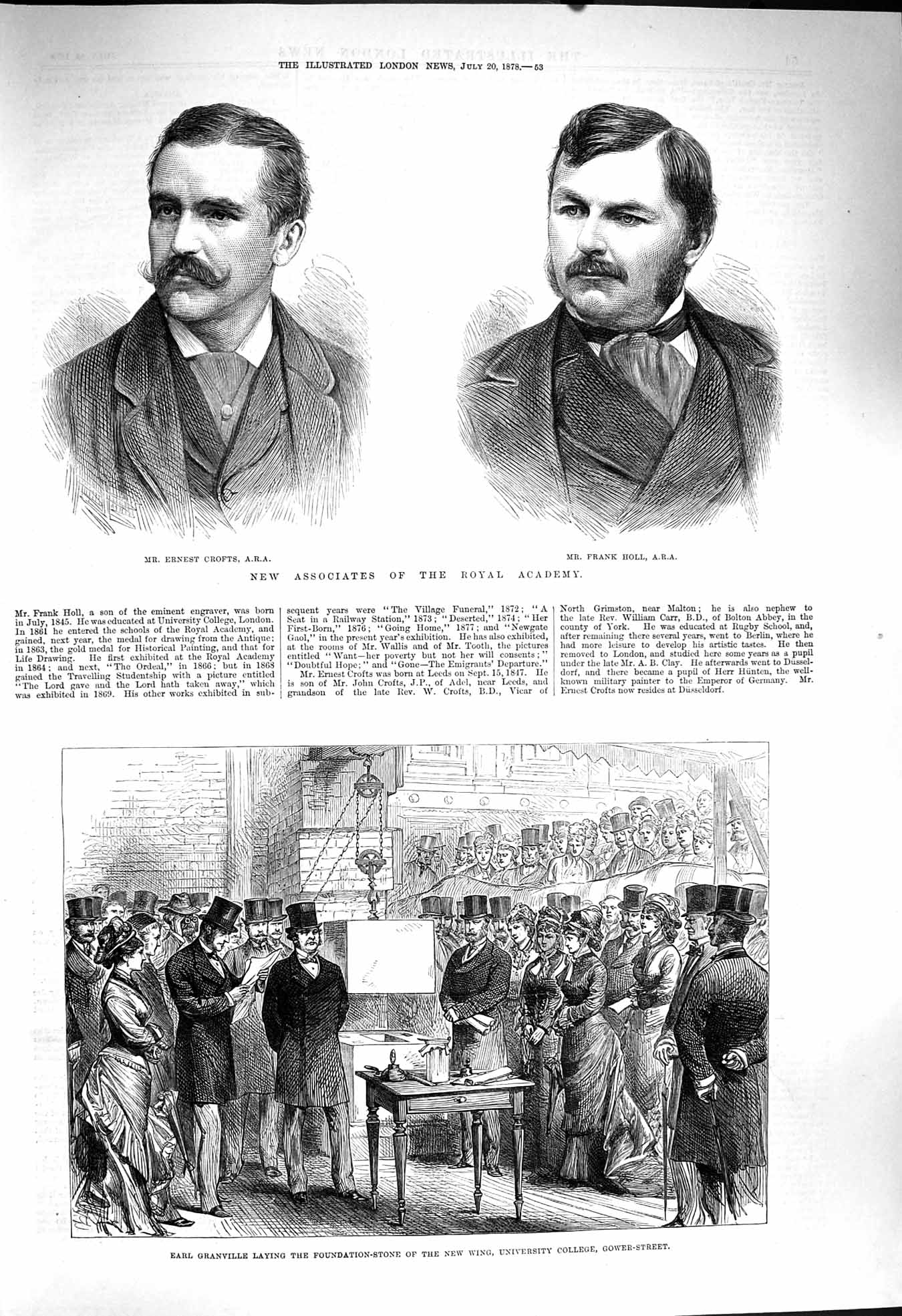Original Old Antique Print 1878 Ernest Crofts Frank Holl Earl Granville College