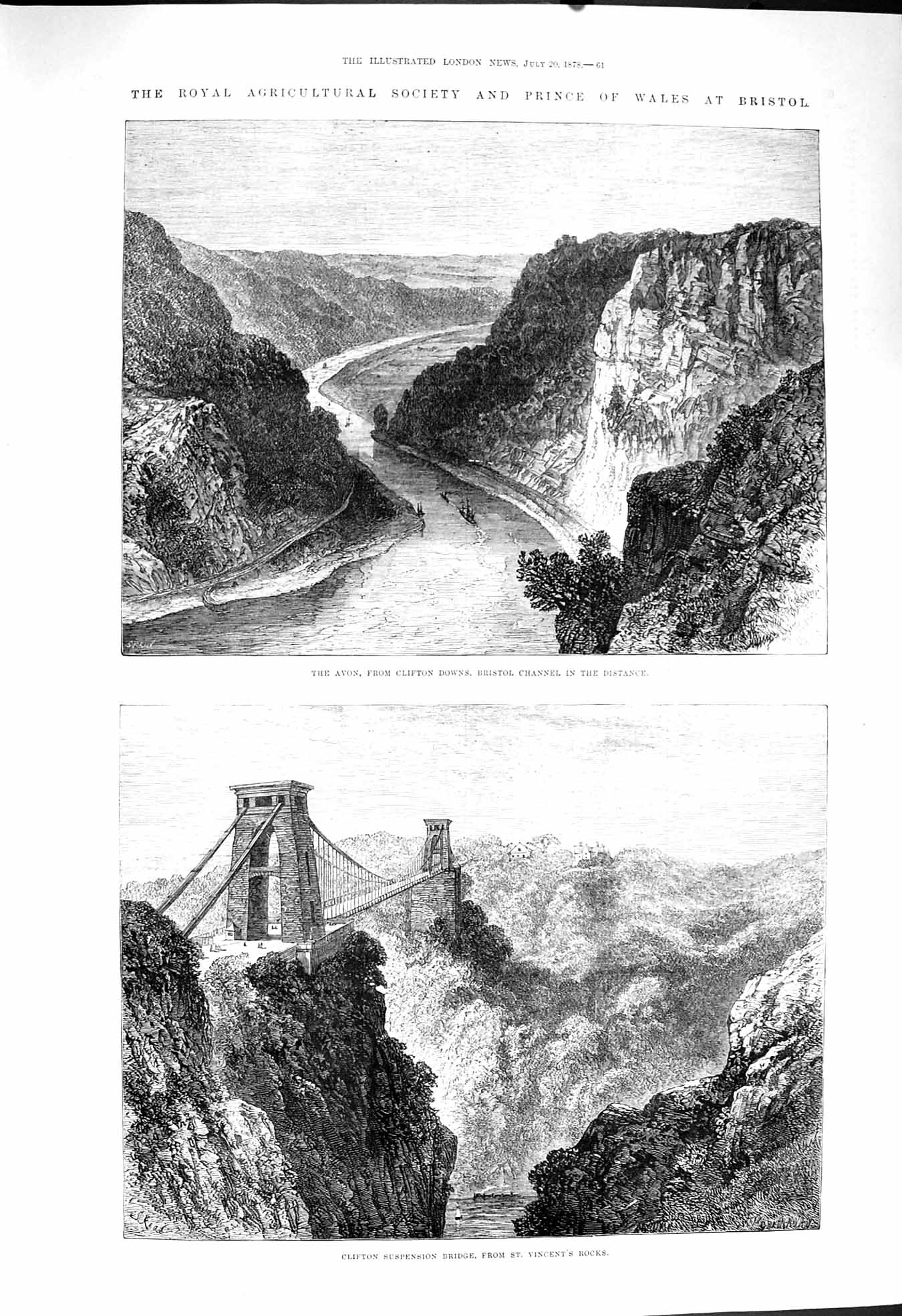 Old Antique Print 1878 Avon Clifton Suspension Bridge Bristol Pithay King 19th