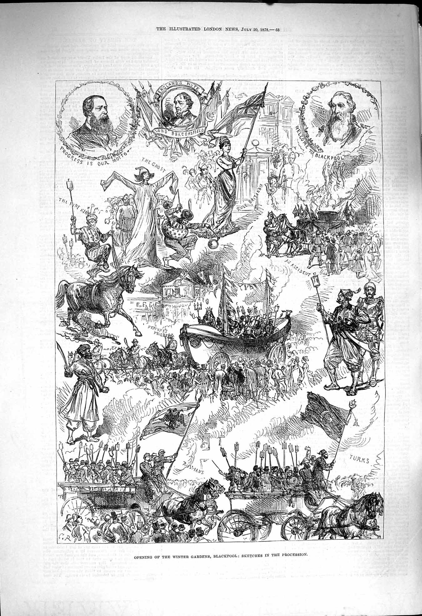 Original Old Antique Print 1878 Winter Gardens Blackpool Lord Beaconsfield 19th