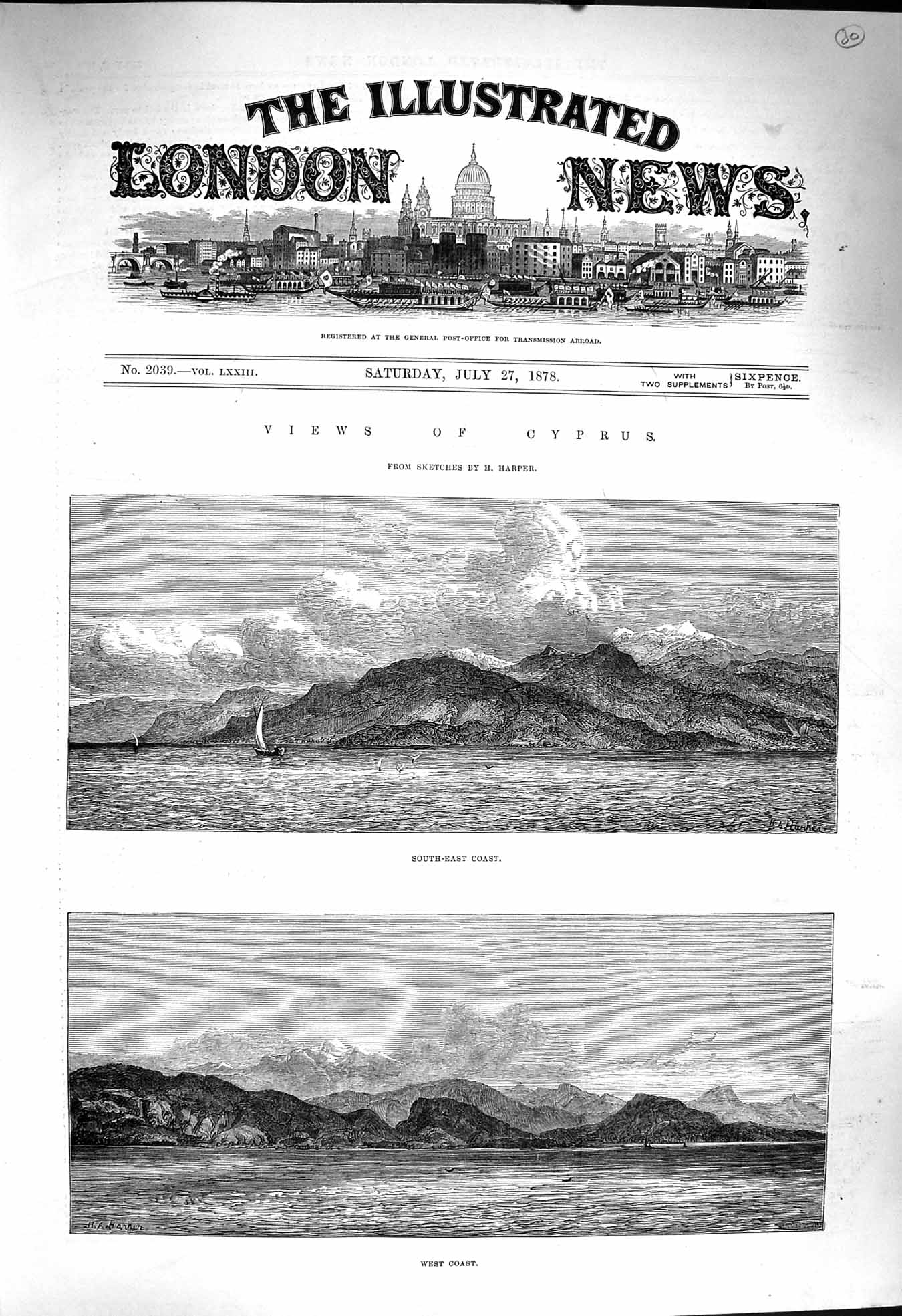 Original Old Antique Print 1878 View Cyprus Yacht Sailing South-East Mountains